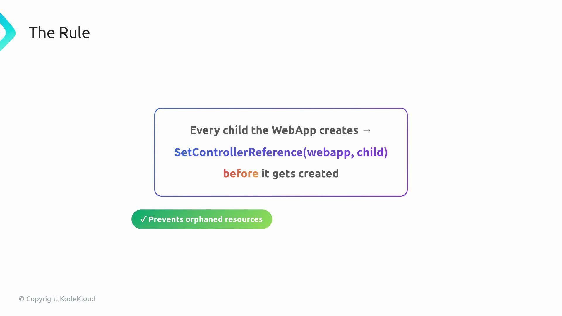 The image provides a rule for setting a controller reference for every child created by a web application before it gets created to prevent orphaned resources.