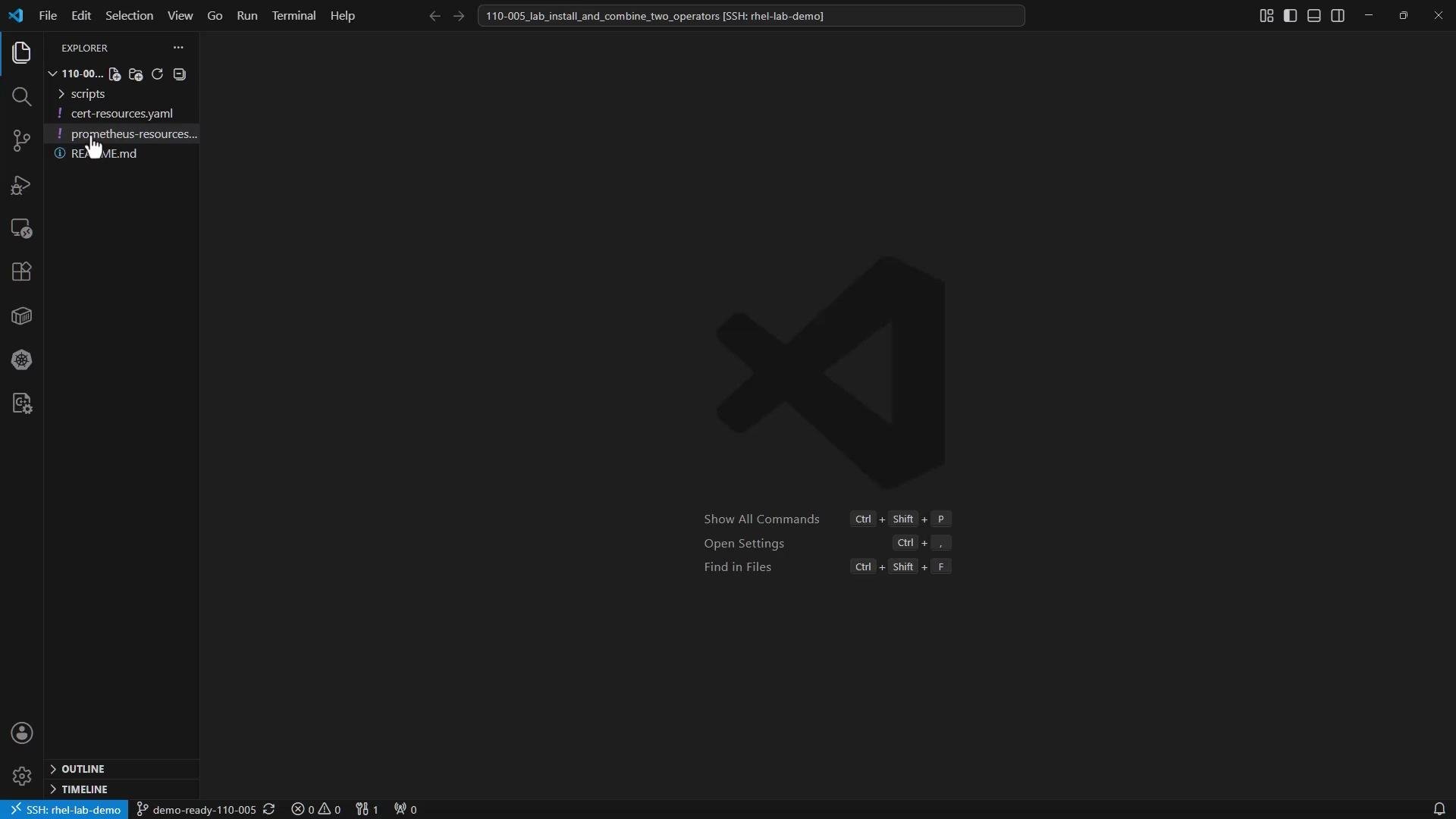 The image shows a Visual Studio Code interface with an open folder containing files like "cert-resources.yaml" and "prometheus-resources.yaml." The main area displays the VS Code welcome logo with shortcut tips.