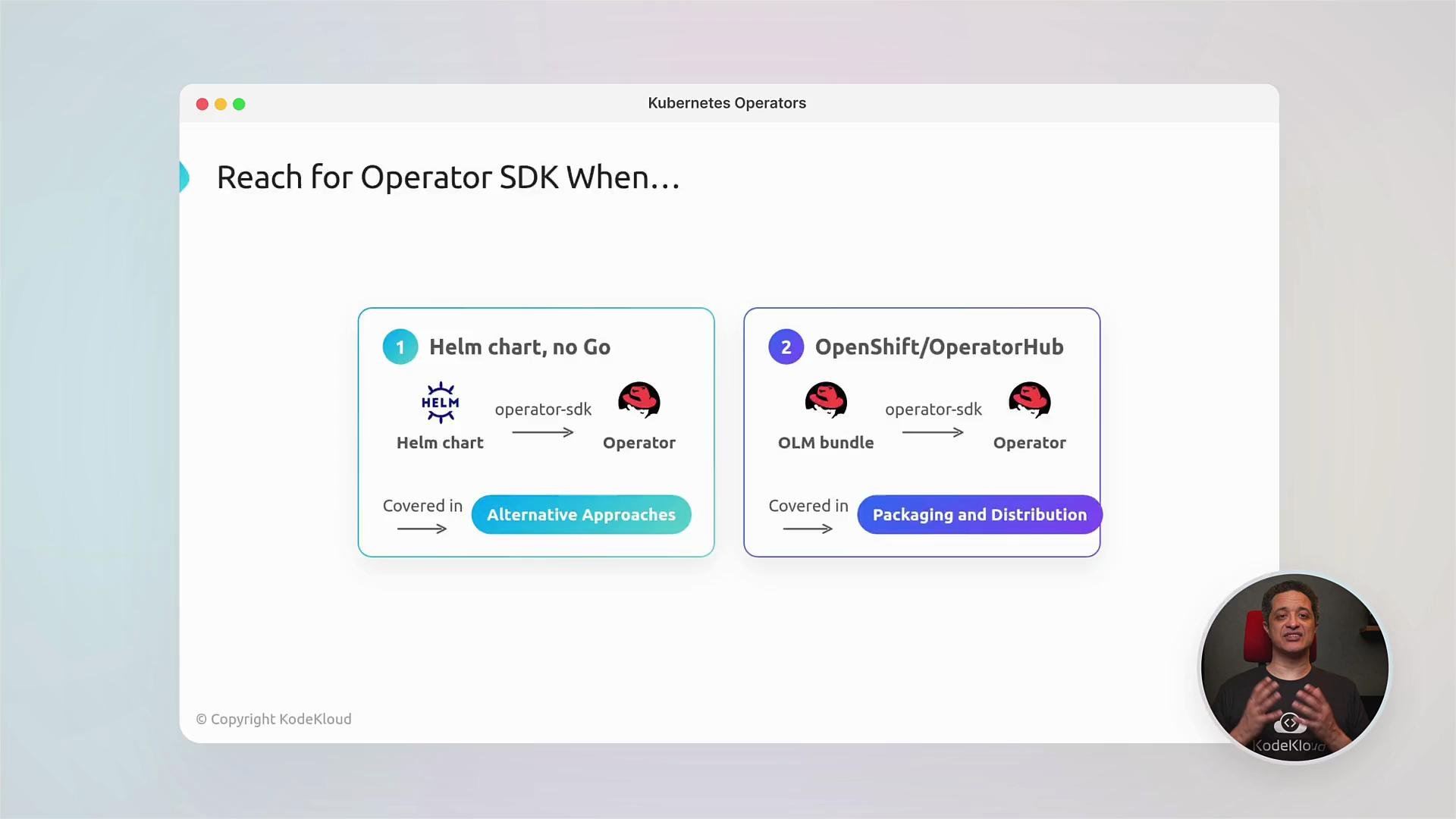 The image is a slide about when to use the Operator SDK, showcasing two scenarios: using a Helm chart without Go, and using OpenShift/OperatorHub for packaging and distribution. It includes a small video inset of a person speaking.