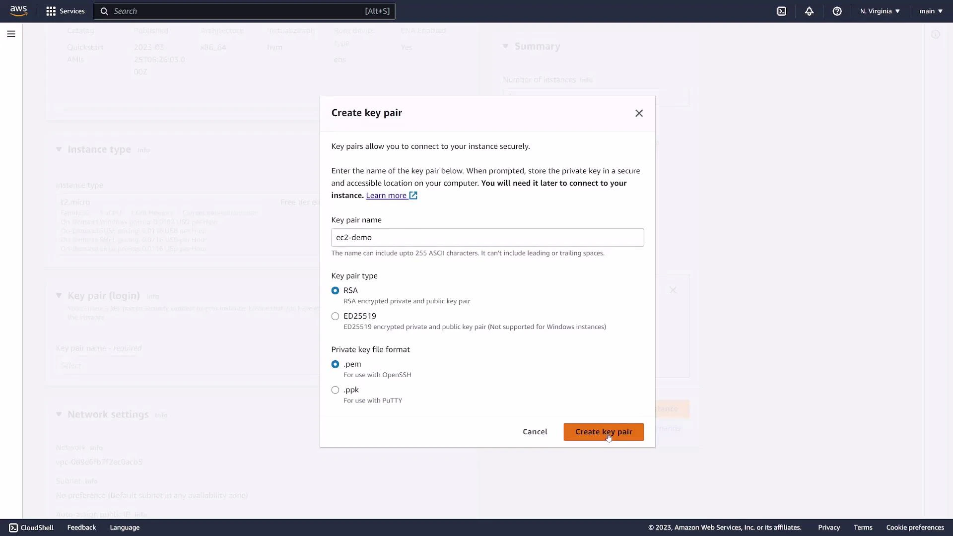 A screenshot of the AWS Management Console showing the "Create key pair" dialog for an EC2 instance, with the key pair name set to "ec2-demo" and options for RSA/ED25519 and .pem/.ppk formats. The "Create key pair" button is visible and ready to be clicked.