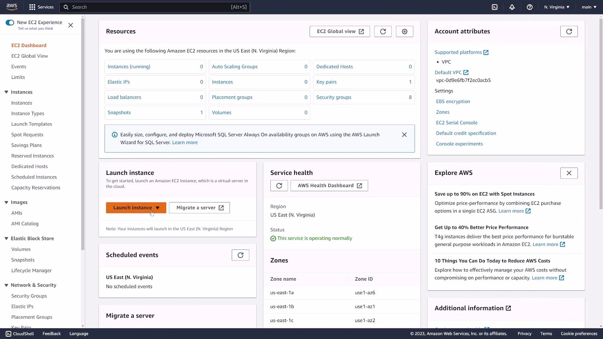 A screenshot of the Amazon Web Services EC2 console (US East - N. Virginia) showing resource summaries, account attributes, service health, and availability zone details. The main panel includes a prominent "Launch instance" button and lists items like instances, volumes, snapshots, and security groups.