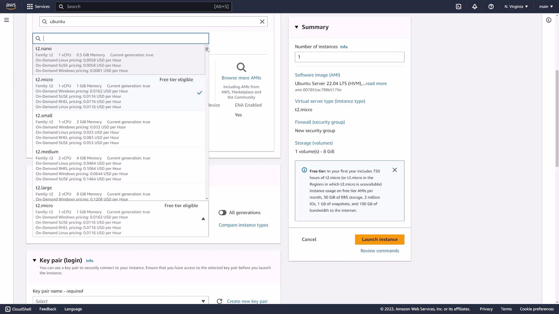 Screenshot of the AWS EC2 "Launch Instance" console showing an AMI search for "ubuntu", instance type options (t2.micro selected) and the summary panel with configuration details and a "Launch instance" button.