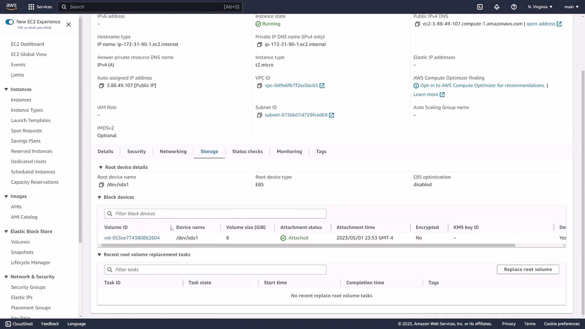 A screenshot of the AWS EC2 console showing an instance's details with the Storage tab selected. The Storage panel lists the root EBS device (/dev/sda1) as an attached 8 GiB volume and the instance state is Running.