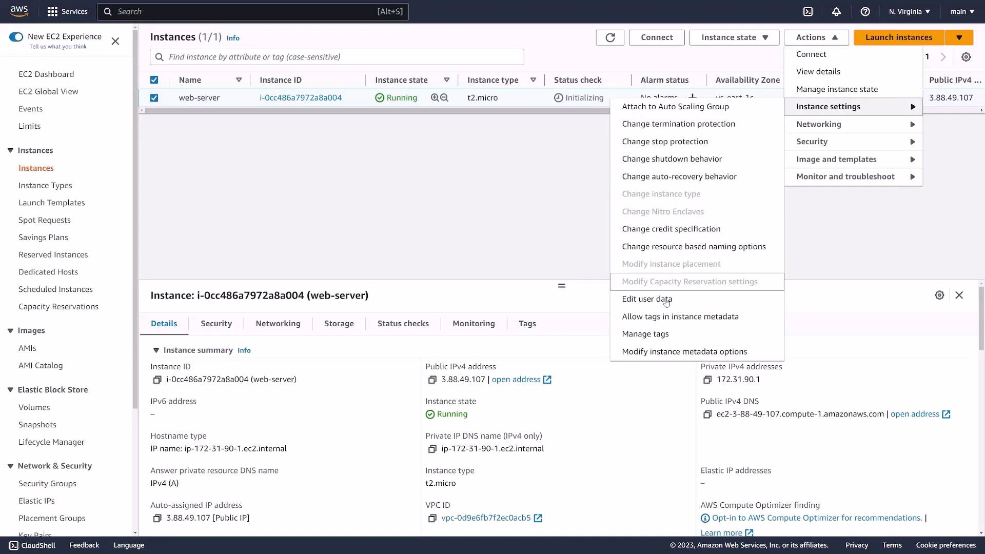 A screenshot of the AWS EC2 console showing a selected running instance named "web-server" with its details pane and action menus open. The panel shows instance type (t2.micro), instance ID, and a public IPv4 address.
