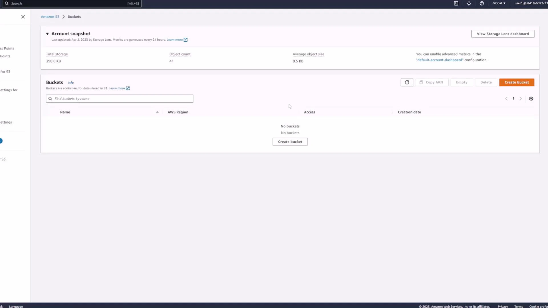 A screenshot of the Amazon S3 web console showing an Account snapshot (storage, object count, average size) and the Buckets panel. The Buckets list is empty and there's a prominent "Create bucket" button.