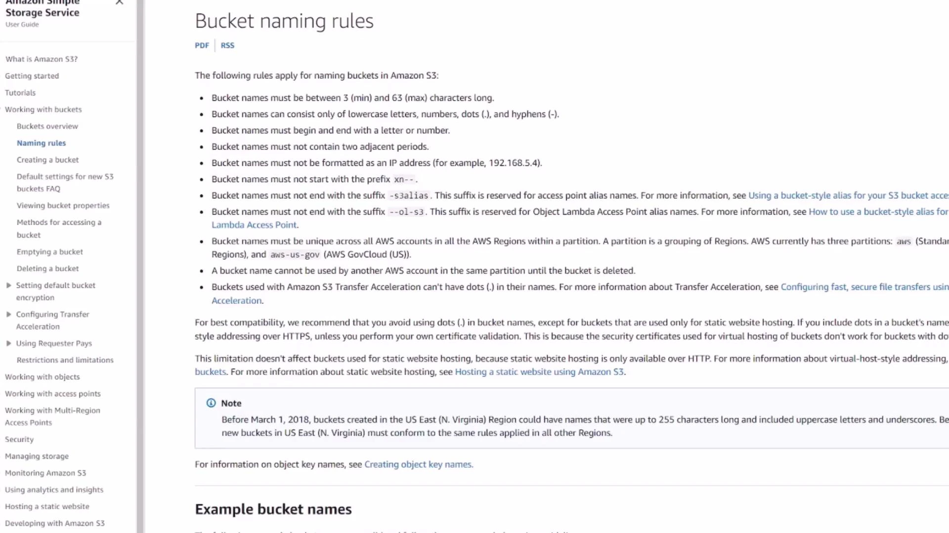 A screenshot of the Amazon S3 User Guide showing the "Bucket naming rules" page, with a list of bullet-point rules for naming S3 buckets and a navigation menu on the left. The page includes notes about character limits, allowed characters, and suffix/prefix restrictions.