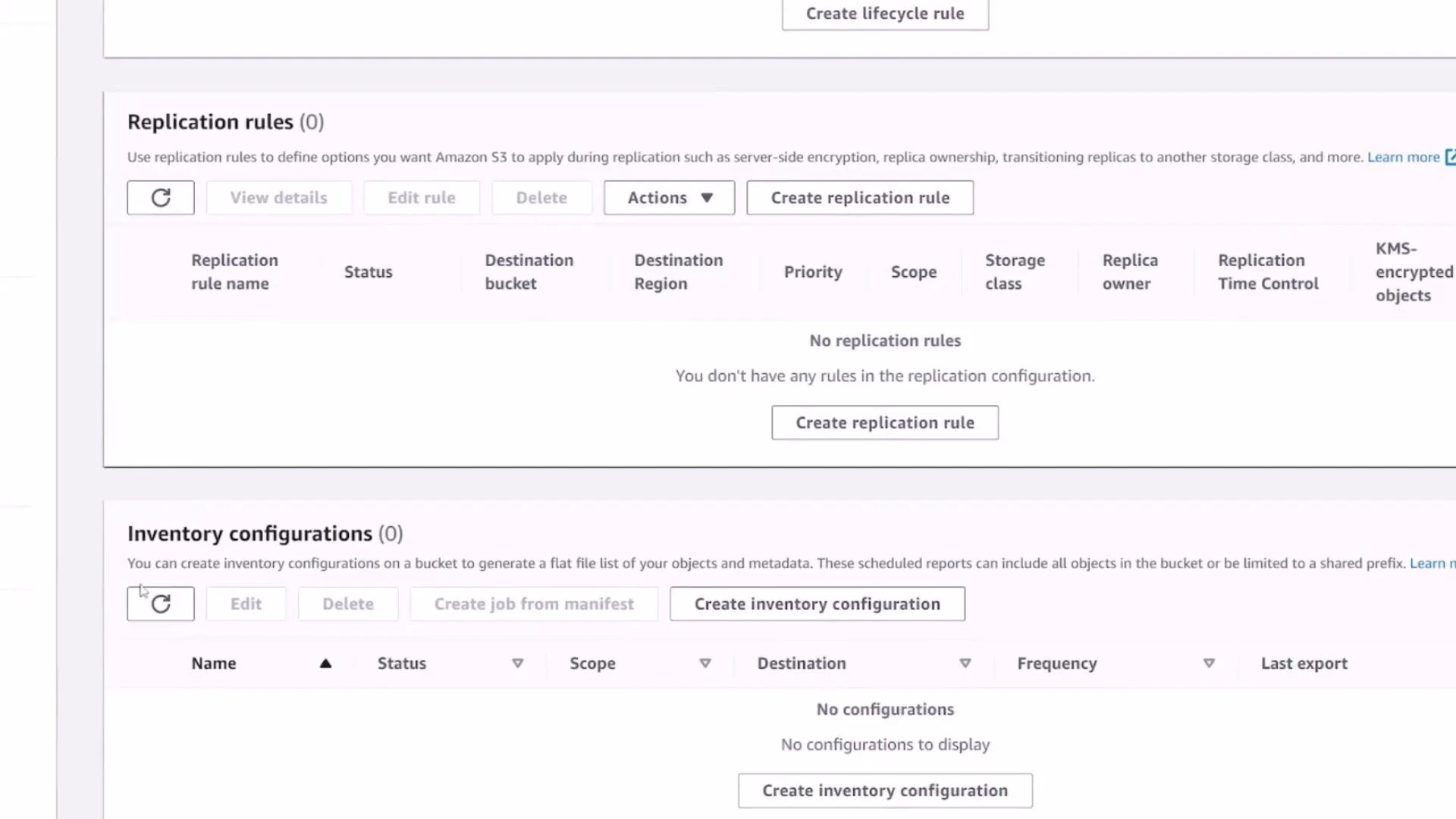 A screenshot of an Amazon S3 bucket settings page showing the "Replication rules" and "Inventory configurations" sections. Both sections are empty and display buttons to create a replication rule or create an inventory configuration.
