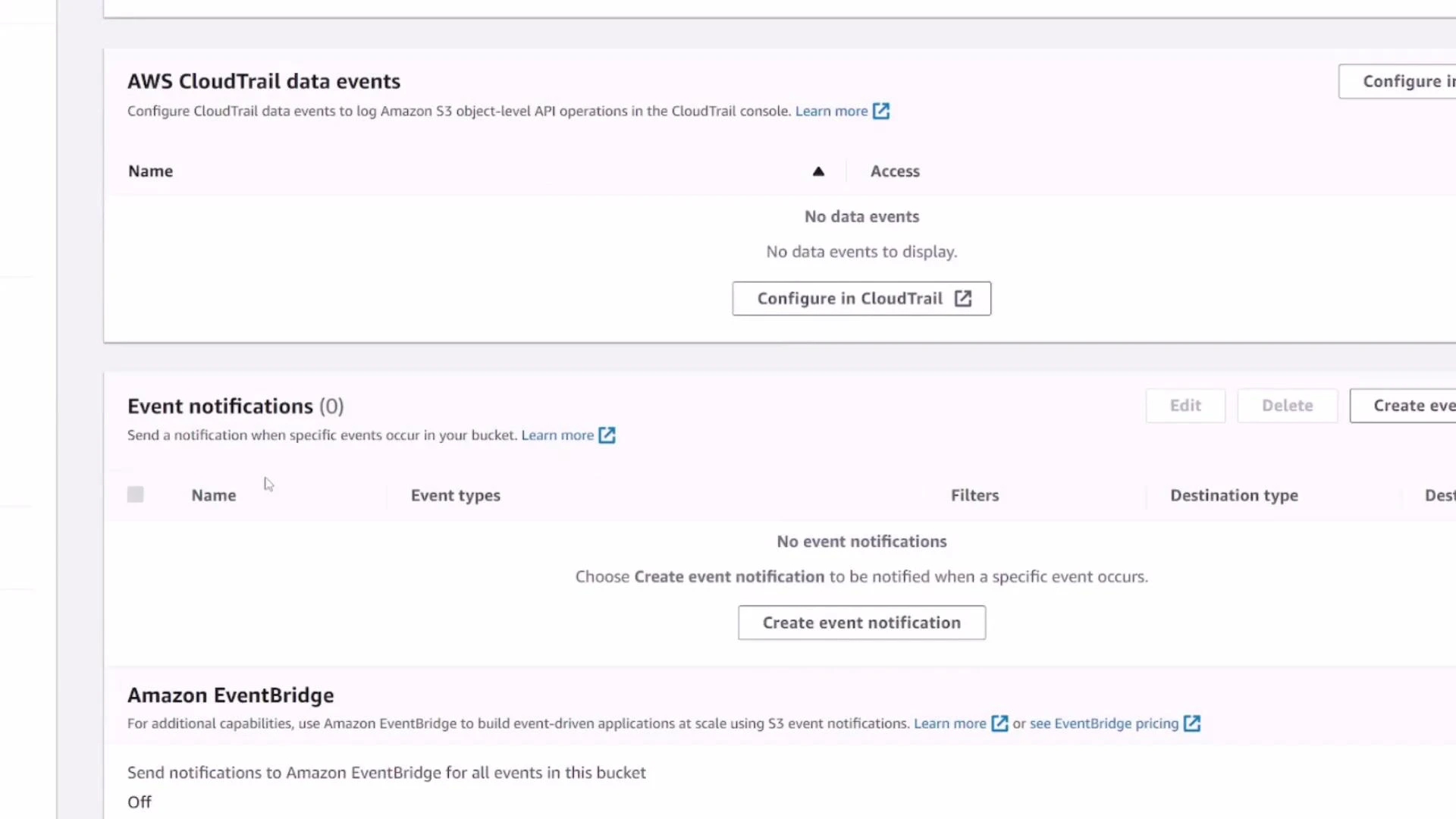 Screenshot of an AWS S3 console showing the "AWS CloudTrail data events" and "Event notifications" sections. Both sections show no entries ("No data events" and "No event notifications") with buttons to configure CloudTrail or create an event notification.