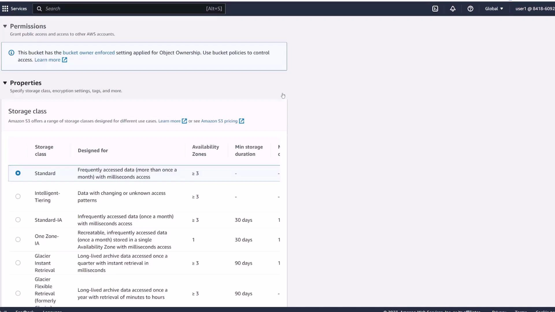 A screenshot of the Amazon S3 console showing a bucket's Permissions and Properties sections, with a Storage class table listing options like Standard, Intelligent‑Tiering, Standard‑IA, One Zone‑IA, and Glacier. The Standard storage class is selected.