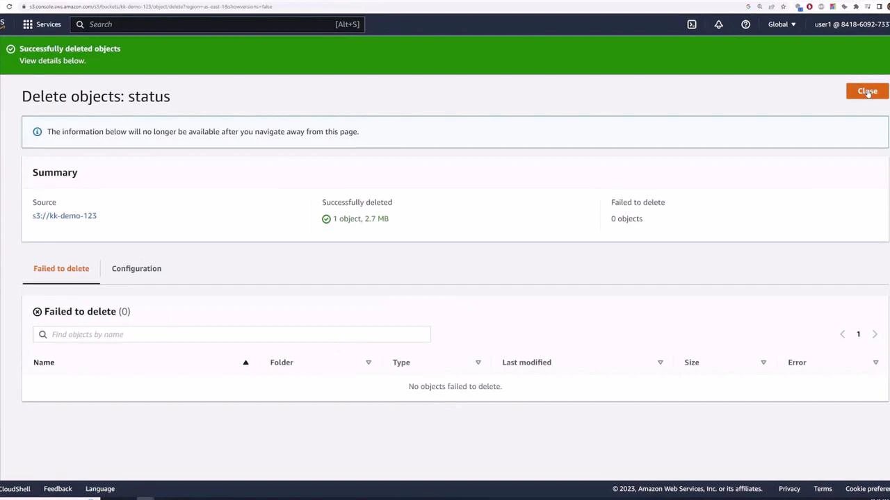 A screenshot of the AWS S3 console on the "Delete objects: status" page, showing a green banner that one object (2.7 MB) was successfully deleted. The summary and table indicate no objects failed to delete.