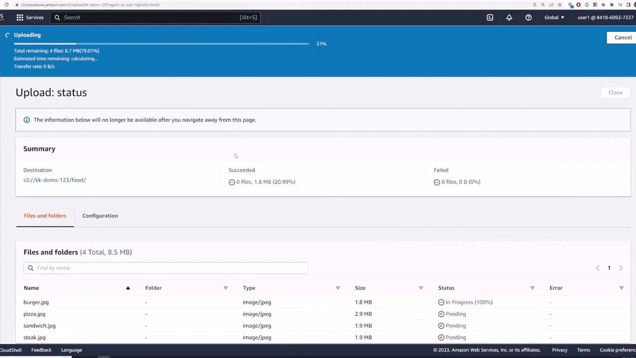 A screenshot of the AWS S3 console showing an "Upload: status" page with a blue progress bar and summary information. The file list below shows image files (burger.jpg, pizza.jpg, sandwich.jpg, steak.jpg) with sizes and upload statuses (In Progress/Pending).