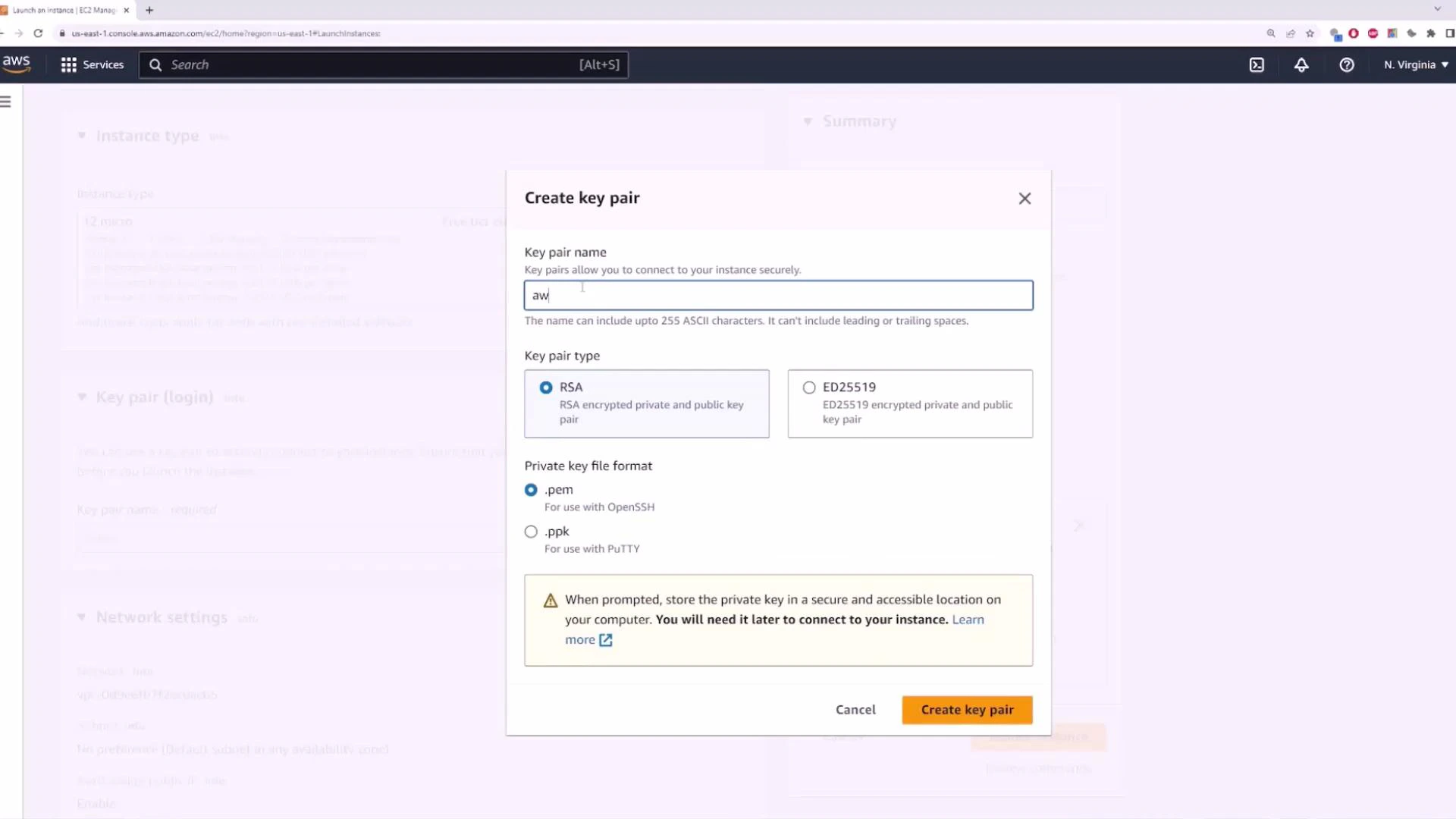 A screenshot of the AWS Management Console showing the EC2 "Create key pair" dialog. It displays fields for the key pair name, options for RSA or ED25519, .pem or .ppk file formats, and a "Create key pair" button.