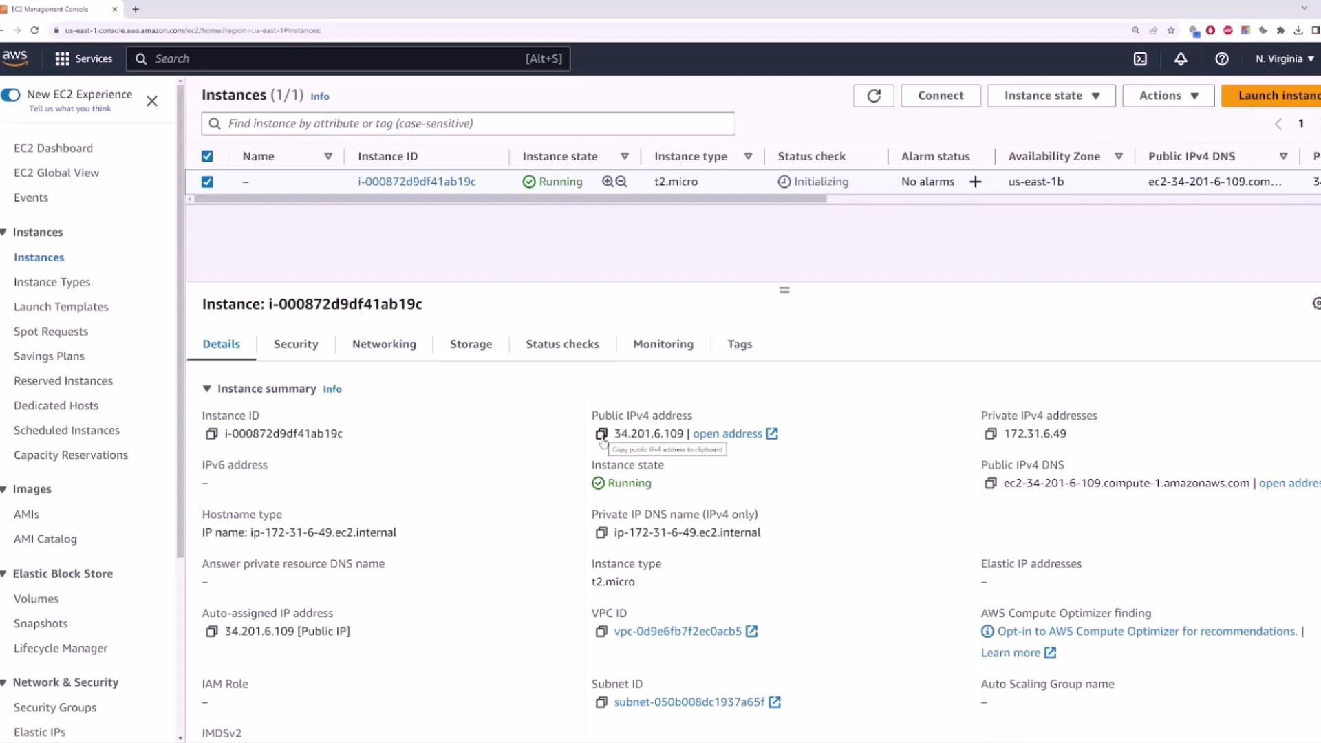 A screenshot of the AWS EC2 Management Console showing details for a running EC2 instance. It displays the instance ID (i-000872d9df41ab19c), instance type (t2.micro), and IP addresses (public 34.201.6.109, private 172.31.6.49).