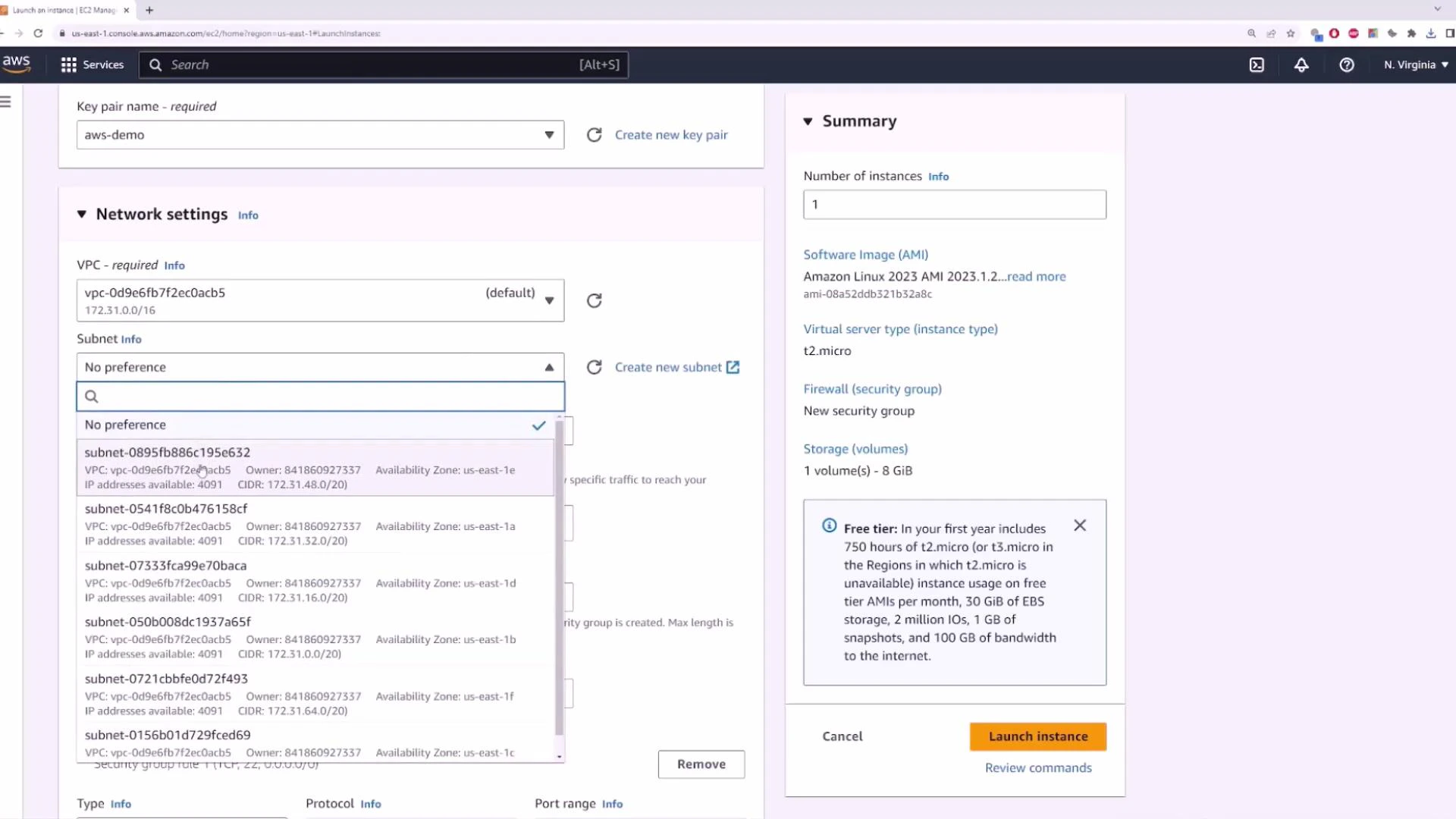 A web browser screenshot of the AWS EC2 "Launch an instance" console showing Network settings with a subnet selection dropdown, and a Summary panel on the right listing AMI, instance type, security group, storage, and a "Launch instance" button.