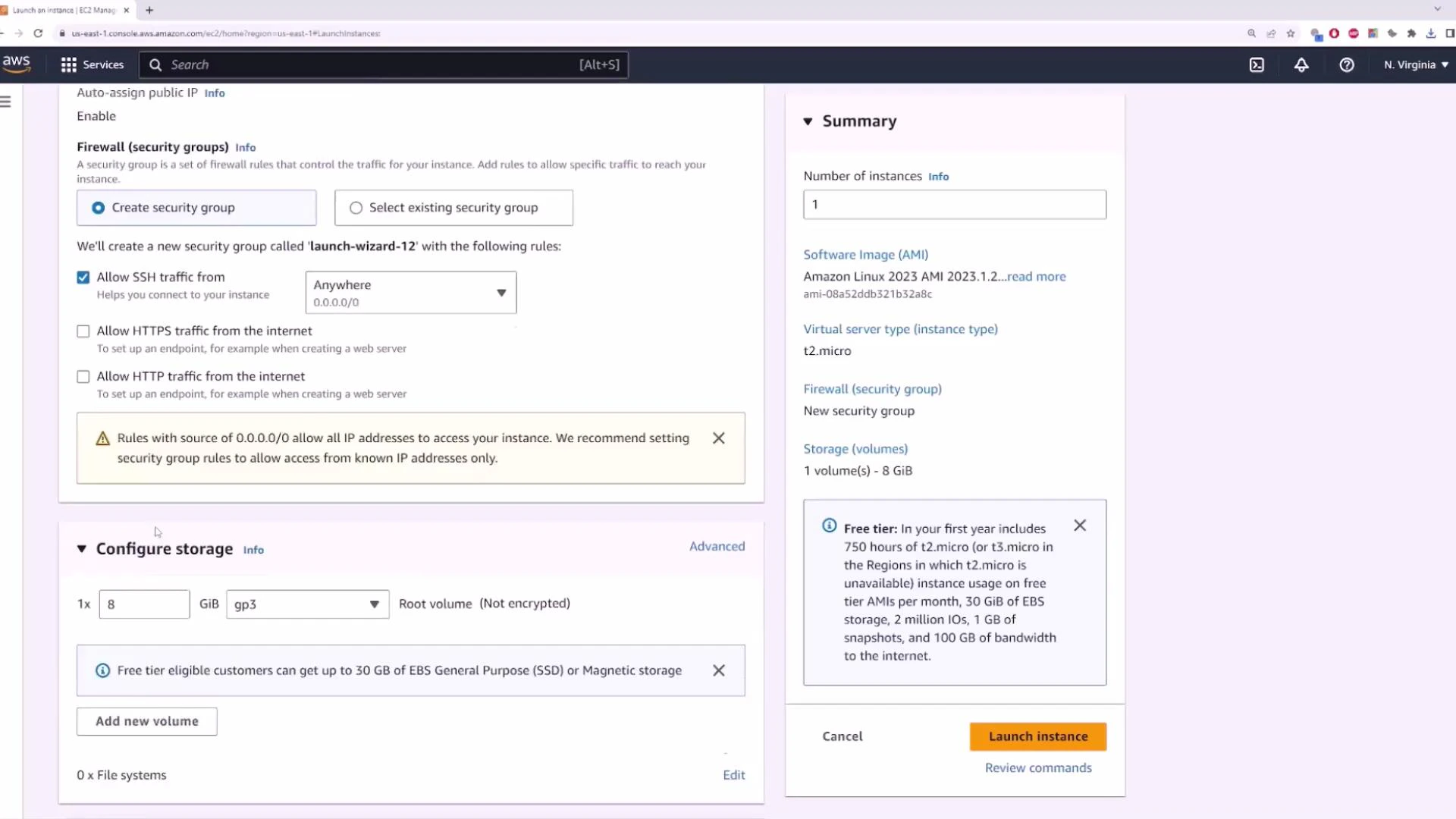 A screenshot of the AWS EC2 "Launch an instance" console showing firewall (security group) options—specifically an SSH rule set to Anywhere (0.0.0.0/0)—along with storage configuration and a summary panel with a "Launch instance" button.