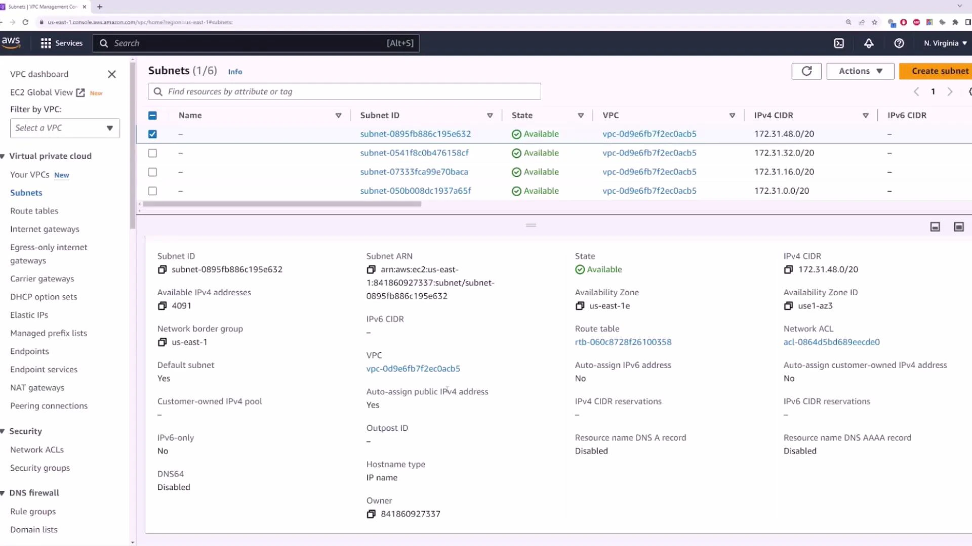 A screenshot of the AWS VPC (Virtual Private Cloud) Management Console showing the Subnets page with a list of subnet IDs, their state (Available) and IPv4 CIDR ranges. The lower pane displays detailed properties for the selected subnet (availability zone, route table, available IPs, etc.).