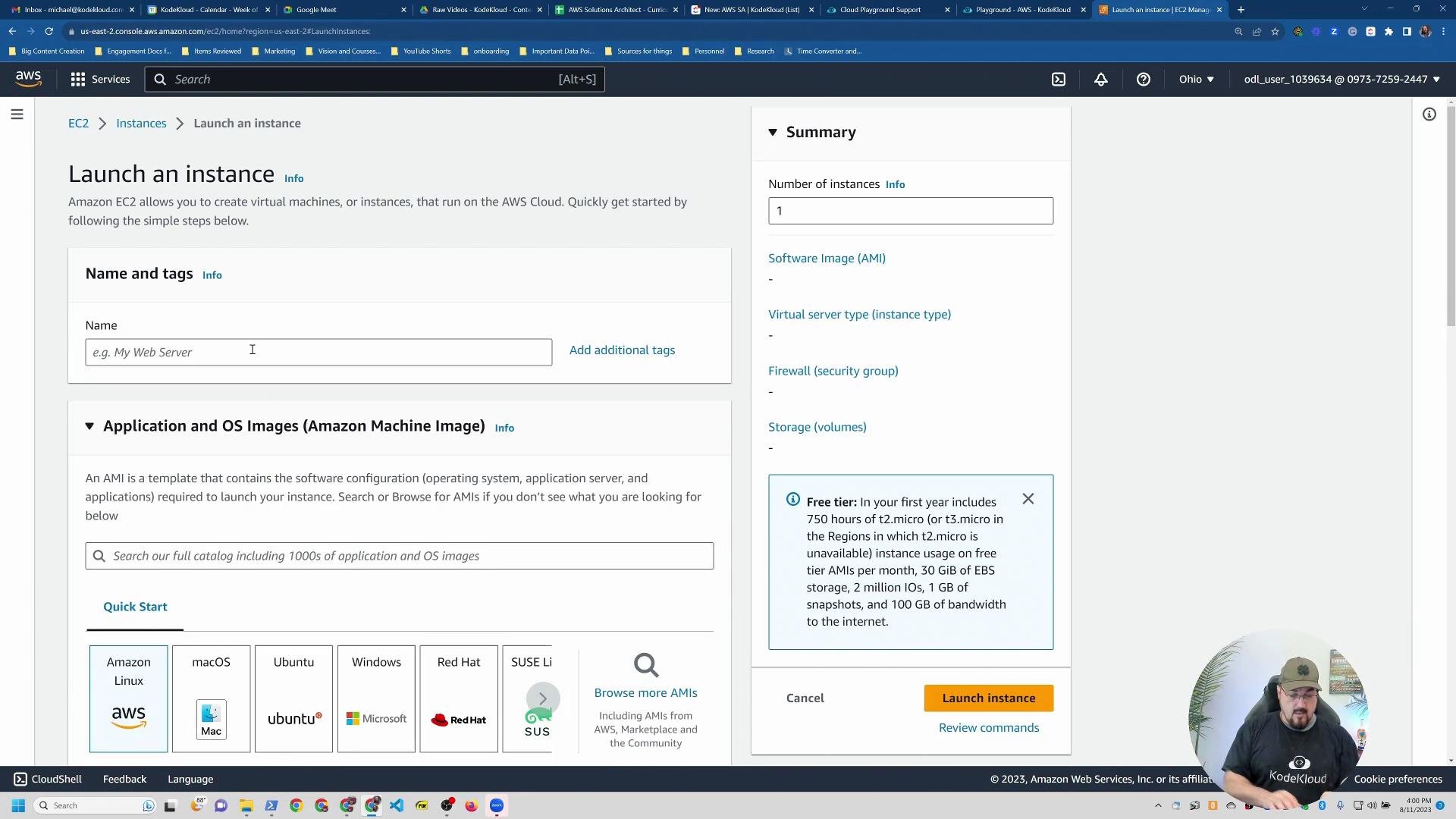 A screenshot of the AWS EC2 "Launch an instance" web console showing the Name and tags section, Application and OS Images (AMIs) options, and a Summary panel on the right. A small circular video overlay of a person appears in the bottom-right corner.