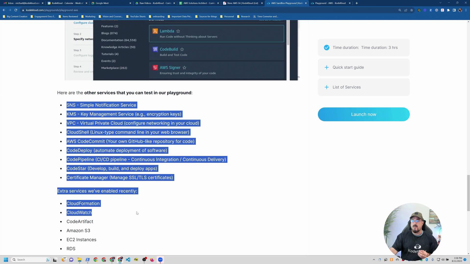 A webpage screenshot showing a bulleted list of AWS services with several lines highlighted in blue. On the right is a "Launch now" button and a small circular video overlay of a person, with browser tabs visible along the top.