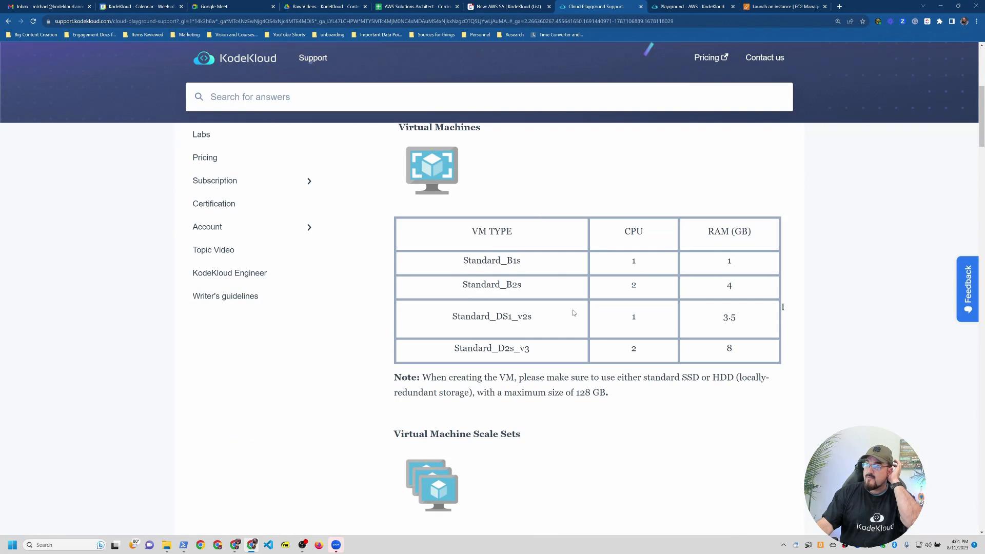 A screenshot of a KodeKloud support webpage showing a "Virtual Machines" section with a table of VM types, CPU and RAM specs, plus a search bar and left-side navigation. There's also a small circular webcam overlay in the bottom-right corner.