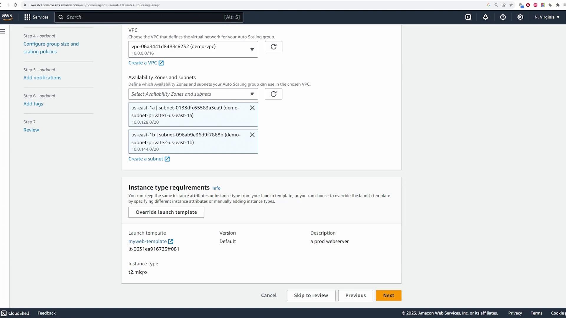 A screenshot of the AWS EC2 Auto Scaling group configuration page showing VPC selection, chosen availability zones/subnets, and instance type/launch template details. Navigation buttons (Cancel, Skip to review, Previous, Next) are visible along the bottom.