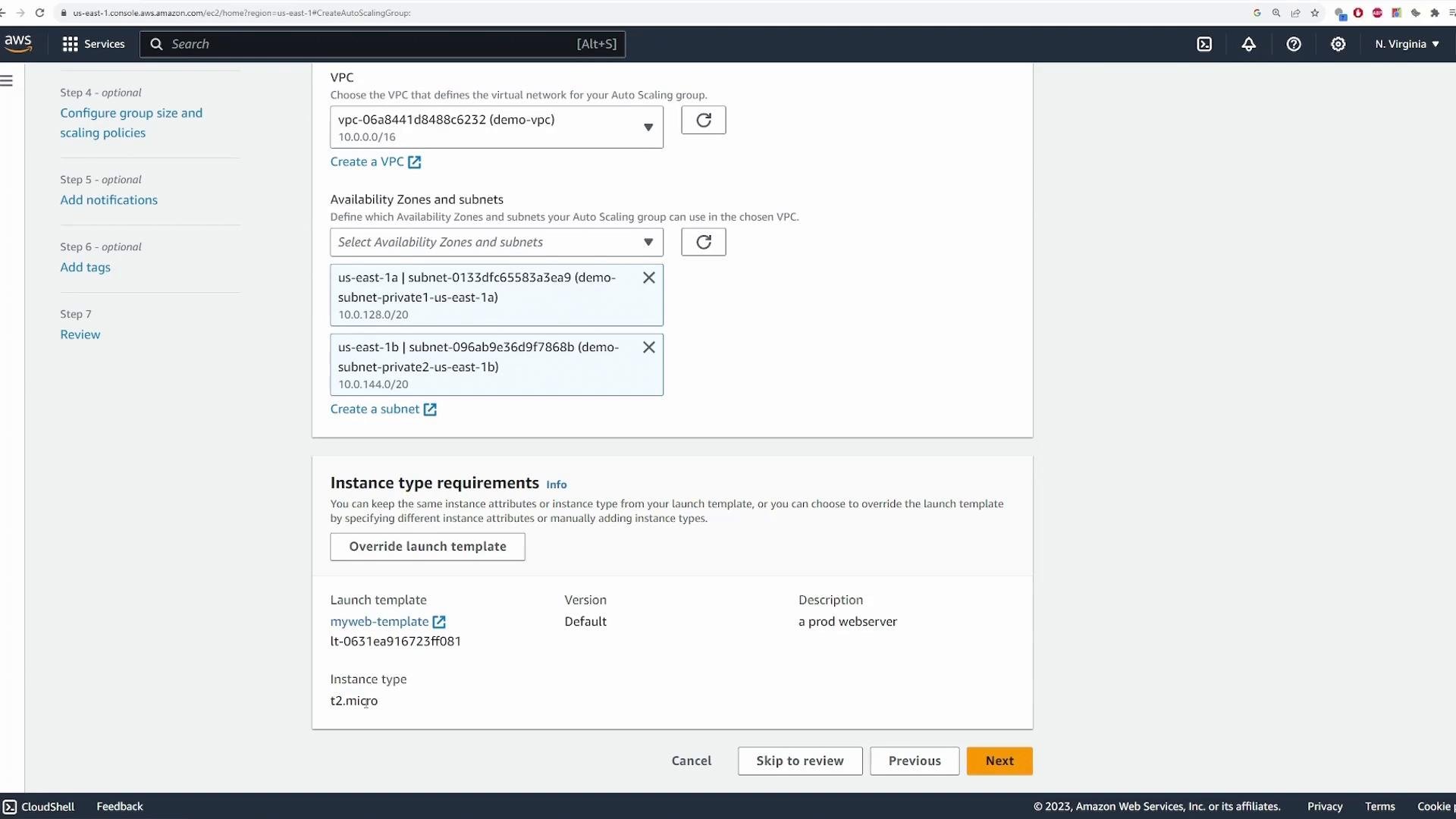 A screenshot of the AWS EC2 Auto Scaling group configuration page showing VPC selection, chosen availability zones/subnets, and instance type/launch template details. Navigation buttons (Cancel, Skip to review, Previous, Next) are visible along the bottom.