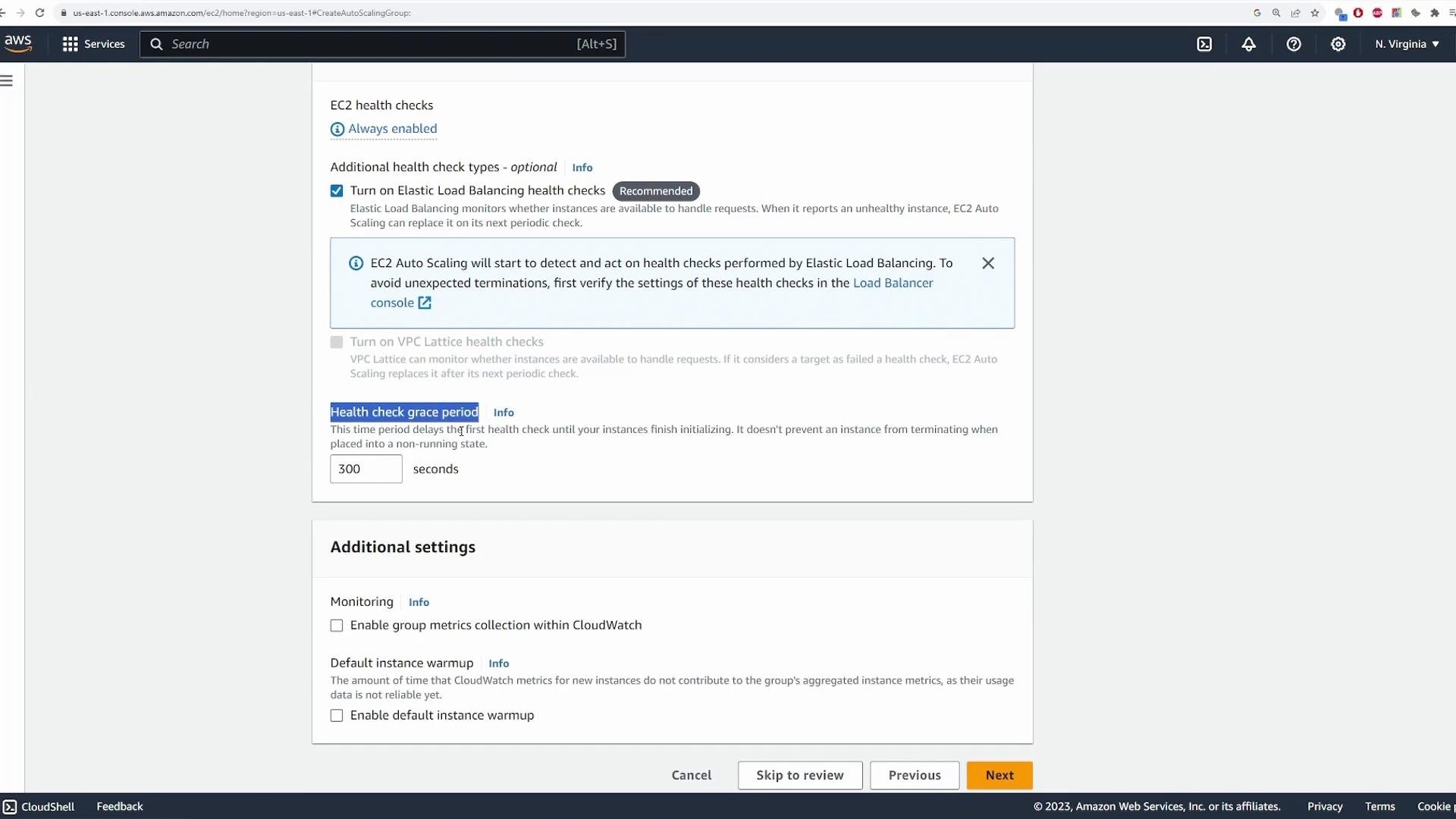 A screenshot of the AWS EC2 Auto Scaling configuration page showing health check options, with Elastic Load Balancing health checks enabled and a health check grace period set to 300 seconds. The lower section shows additional settings and navigation buttons (Cancel, Skip to review, Previous, Next).