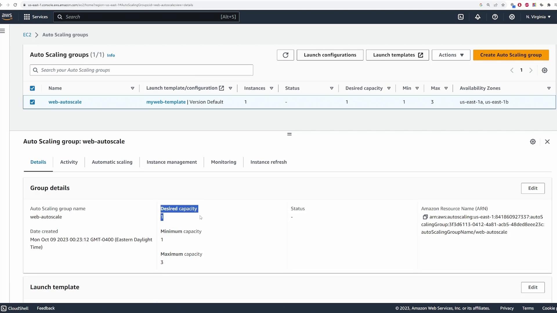 A screenshot of the AWS EC2 Auto Scaling groups console showing an Auto Scaling group named "web-autoscale." The group uses launch template "myweb-template," has desired capacity 1 (min 1, max 3), and spans availability zones us-east-1a and us-east-1b.