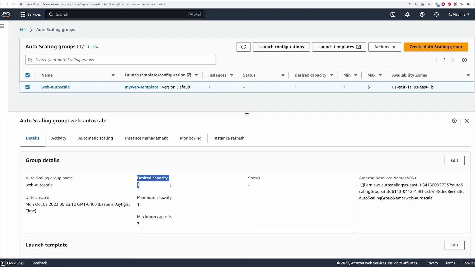 A screenshot of the AWS EC2 Auto Scaling groups console showing an Auto Scaling group named "web-autoscale." The group uses launch template "myweb-template," has desired capacity 1 (min 1, max 3), and spans availability zones us-east-1a and us-east-1b.