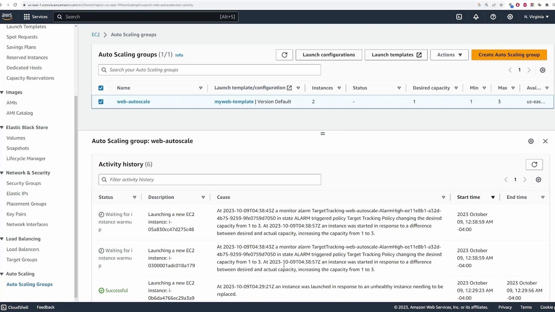 Screenshot of the AWS EC2 console on the Auto Scaling groups page. It shows an auto scaling group named "web-autoscale" with its launch template, capacity (min/max/desired) and recent activity history.
