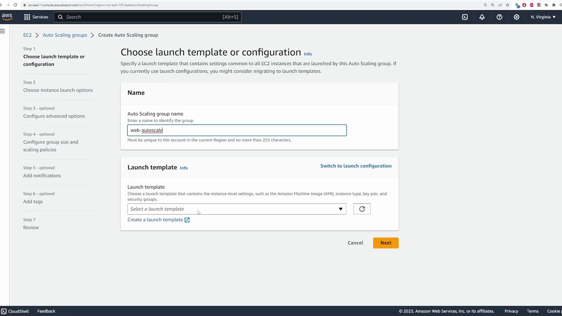 A screenshot of the AWS EC2 console showing the "Create Auto Scaling group" page where you choose a launch template or configuration. The form includes an "Auto Scaling group name" field (filled with "web-autoscale") and a launch template selector with a "Next" button.