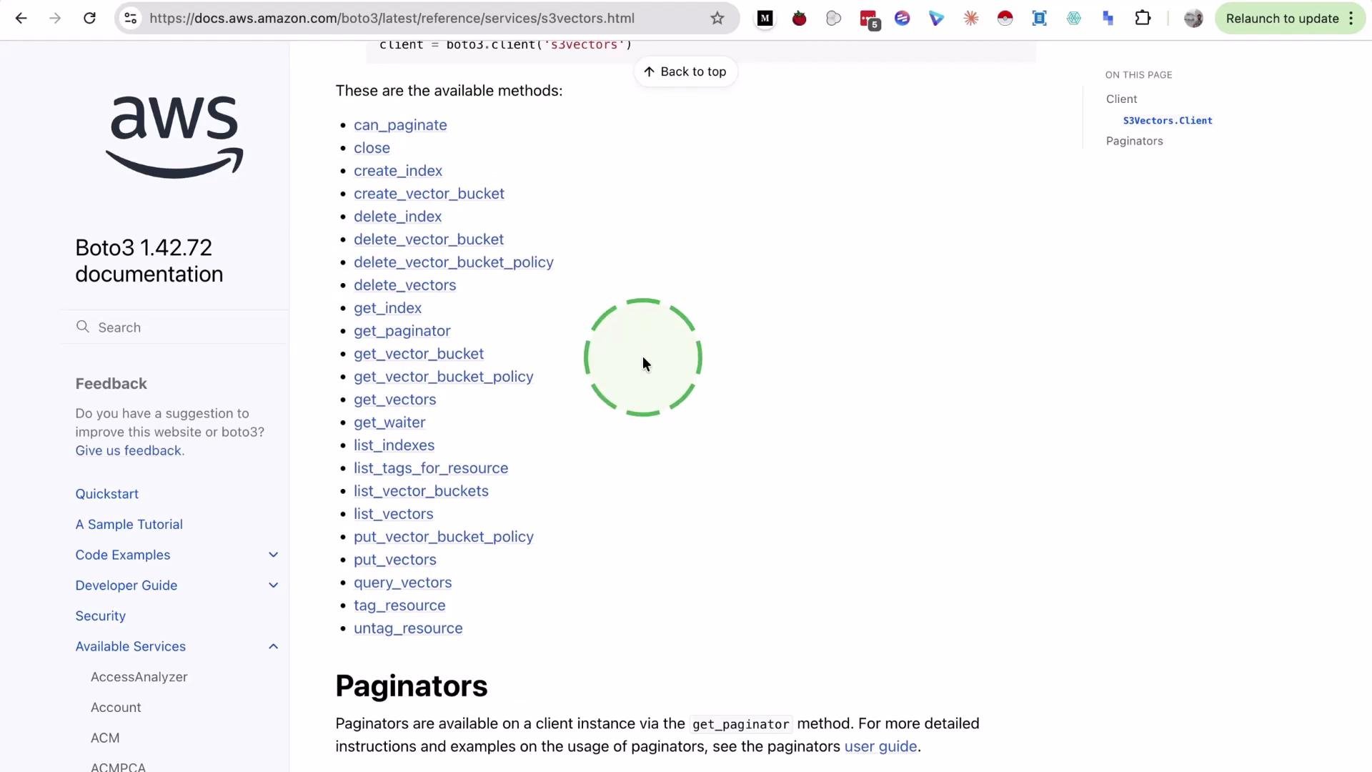 The image shows a section of the AWS Boto3 documentation page, listing available methods for managing S3 vectors, alongside navigation links on the left sidebar.