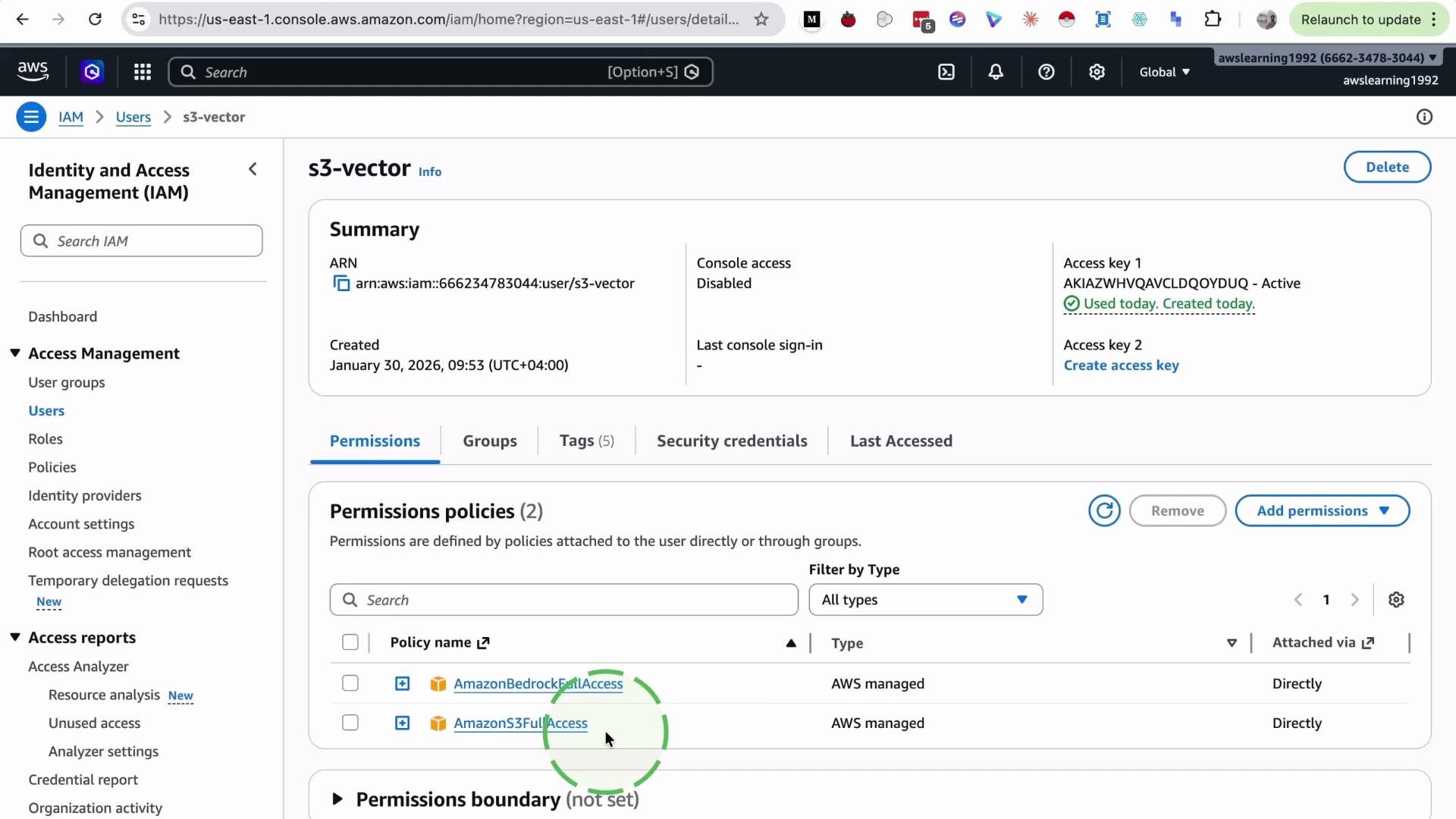 The image shows an AWS Identity and Access Management (IAM) console displaying details for a user named "s3-vector," including permissions policies and access keys. The user has AWS managed policies like "AmazonBedrockFullAccess" and "AmazonS3FullAccess" attached.