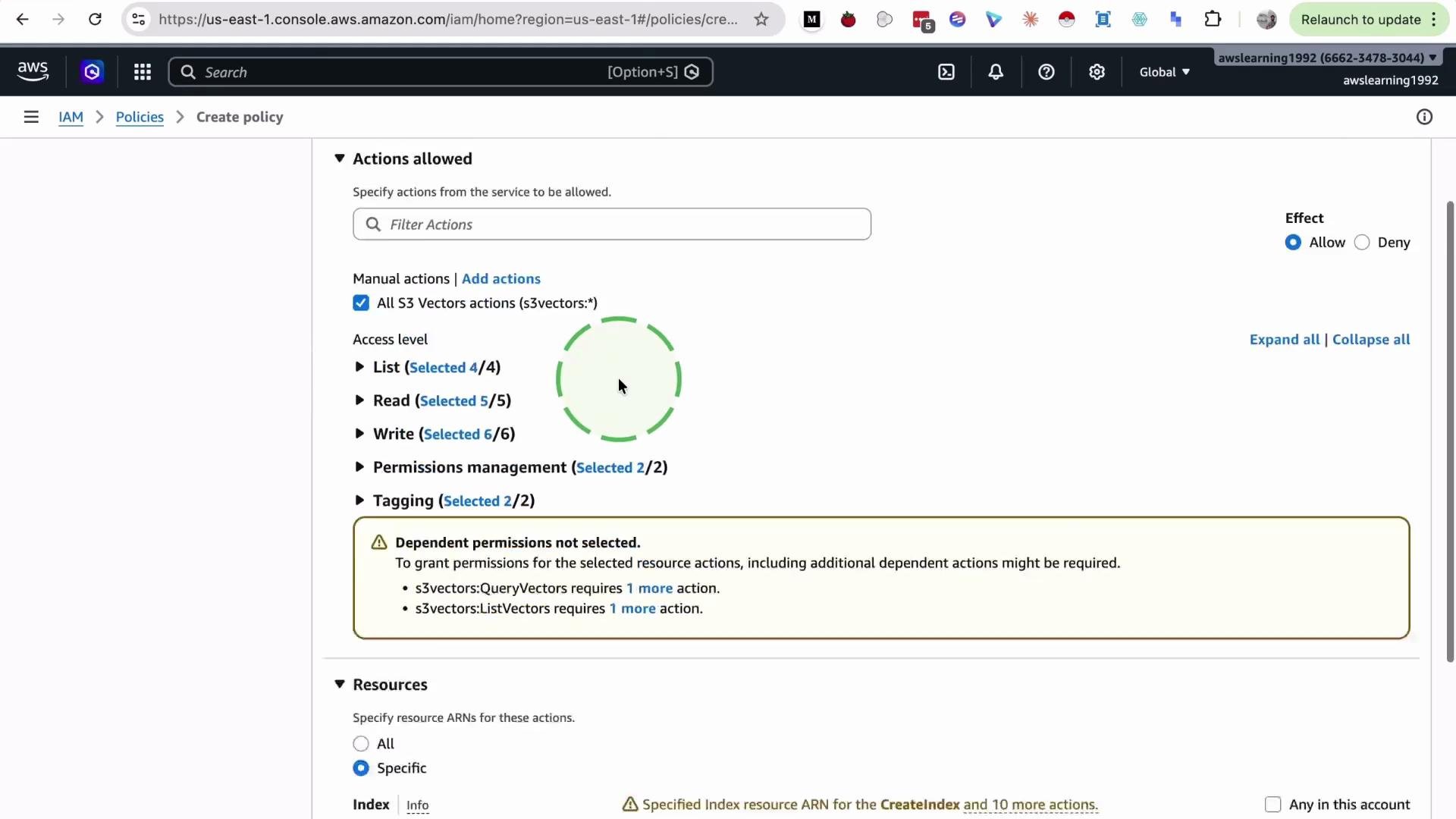 The image shows an AWS IAM policy creation page where various S3 Vectors actions like List, Read, Write, Permissions management, and Tagging are selected. There is also a notification indicating that some dependent permissions are not selected.