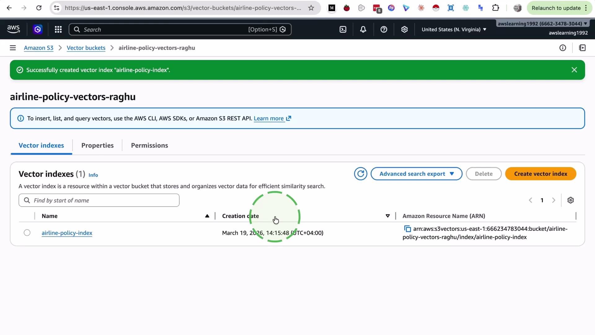 The image displays an Amazon S3 console screen showing the creation of a vector index named "airline-policy-index" within the "airline-policy-vectors-raghu" bucket. There are tabs for vector indexes, properties, and permissions.