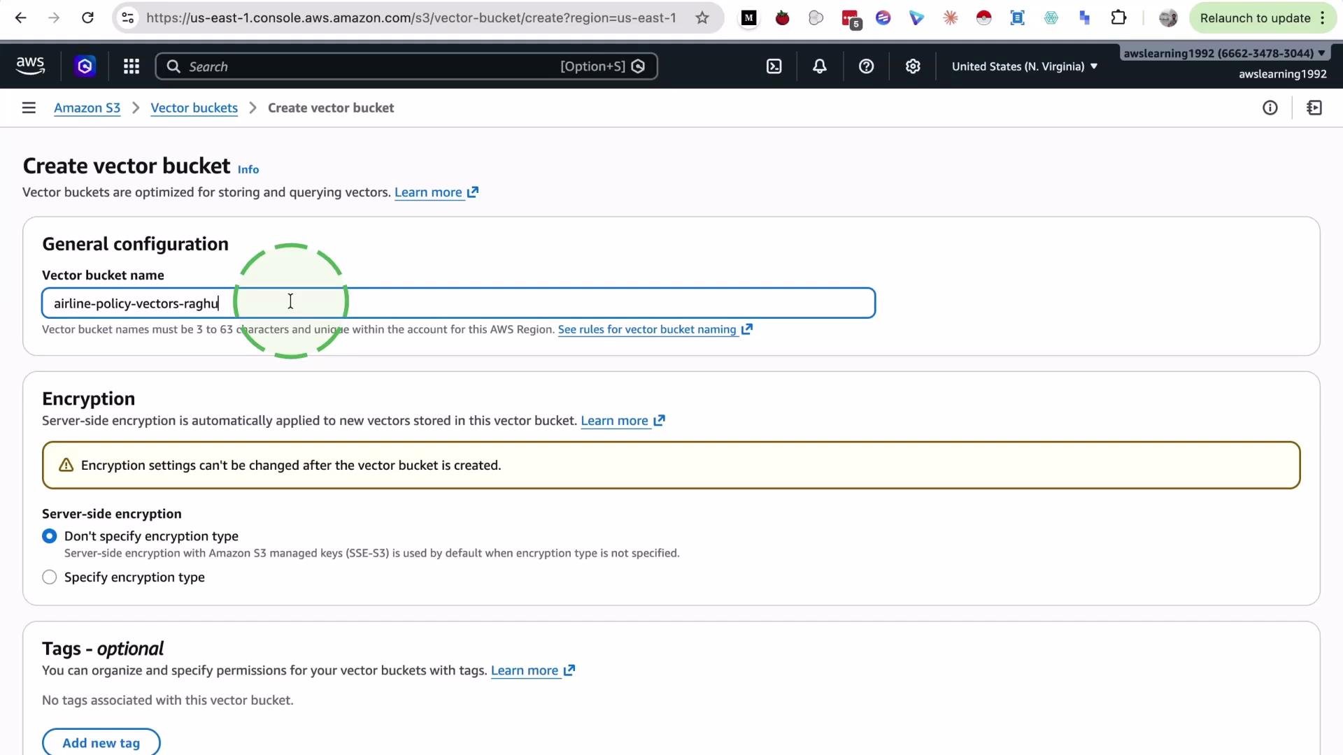 The image shows an AWS console interface where a user is creating a vector bucket named "airline-policy-vectors-raghu" with options for encryption and tagging.