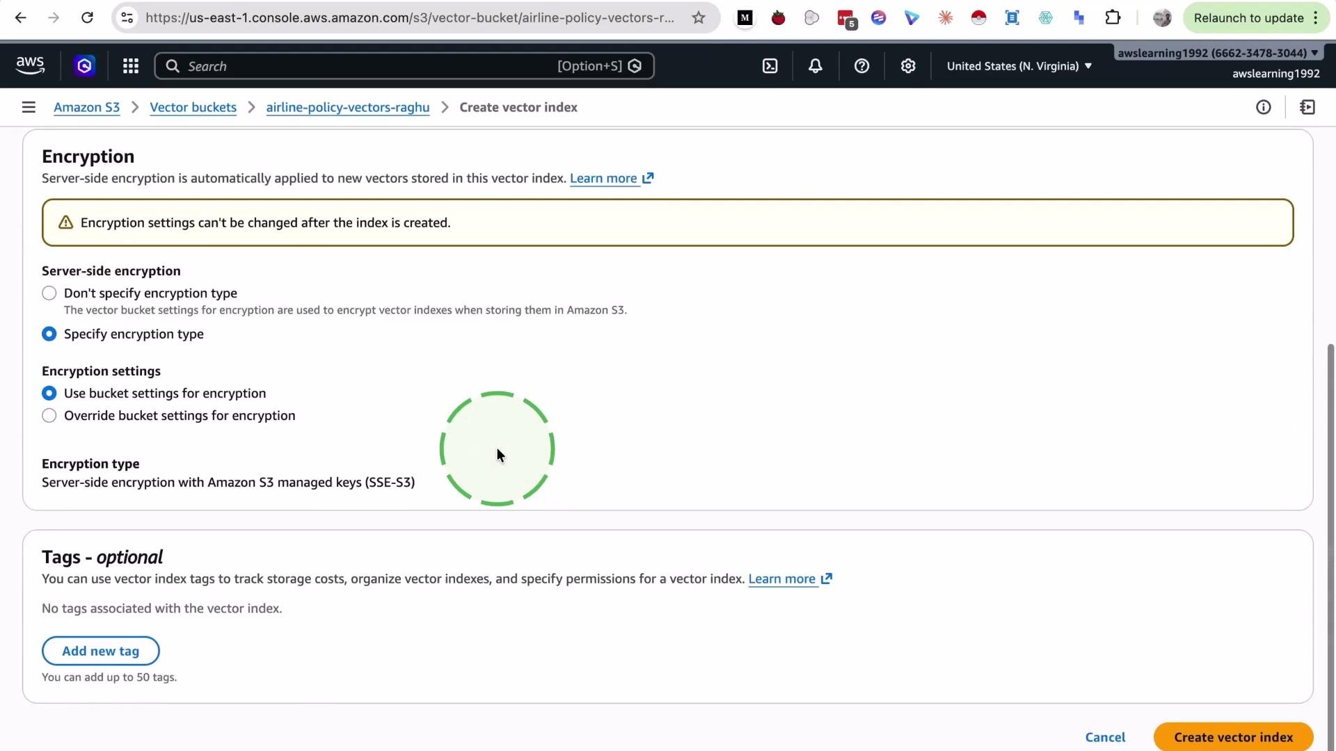 The image shows an AWS console screen focused on setting encryption options for a vector index in Amazon S3, with server-side encryption settings being specified.