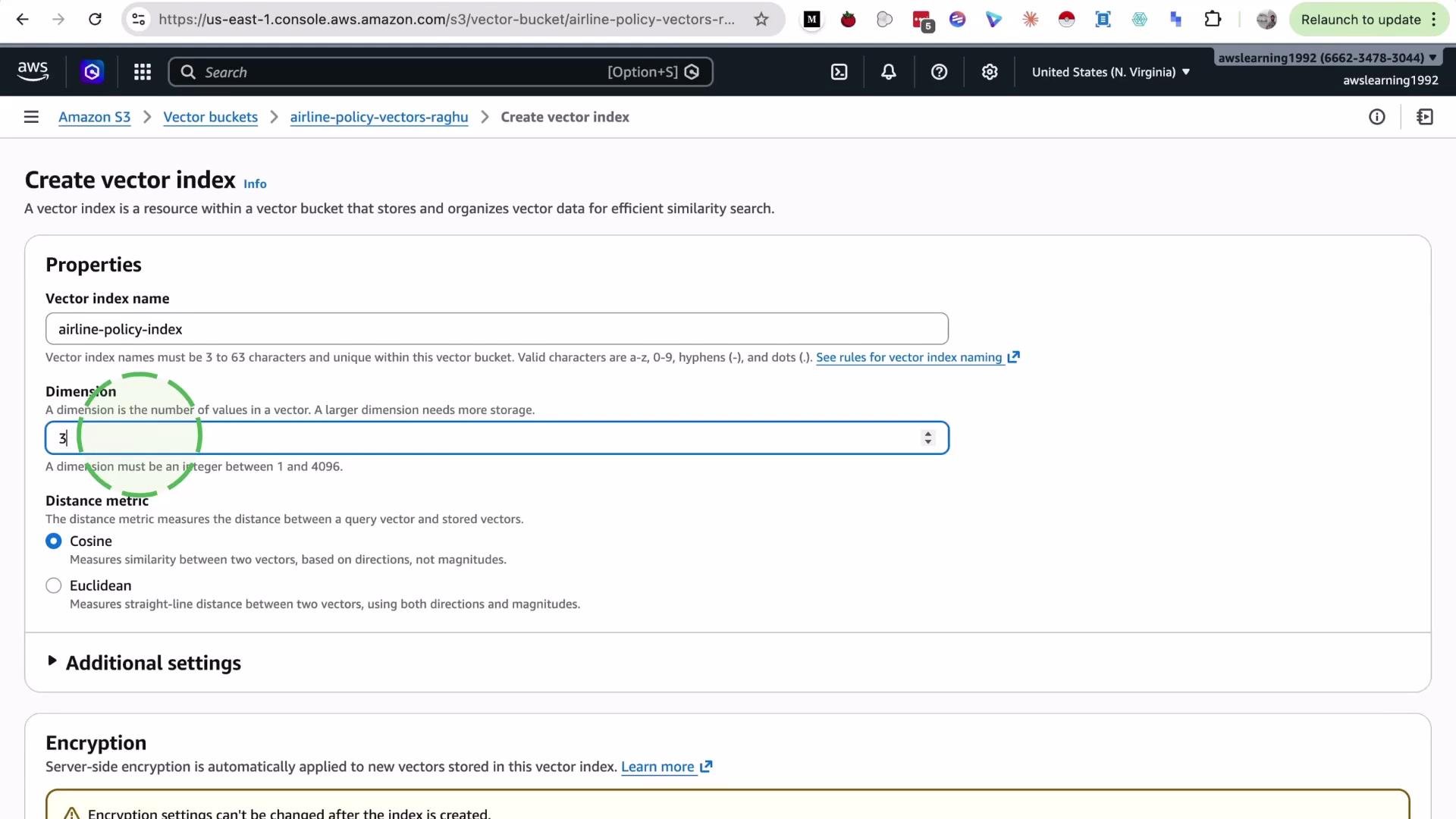 The image shows an AWS console interface for creating a vector index, with fields for setting the vector index name, dimension, and distance metric. It includes options for cosine and Euclidean distance metrics.