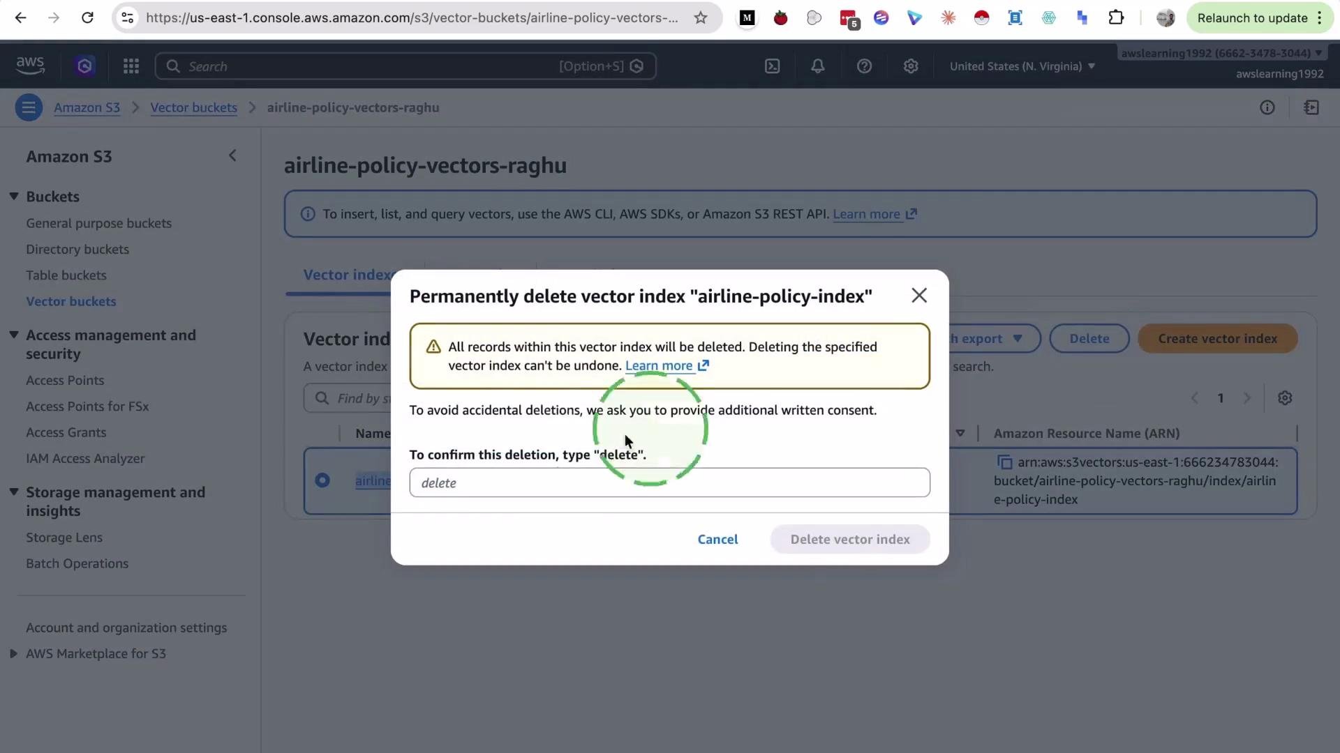 The image shows a screenshot of an Amazon S3 console with a pop-up window asking for confirmation to delete a vector index named "airline-policy-index" by typing "delete".
