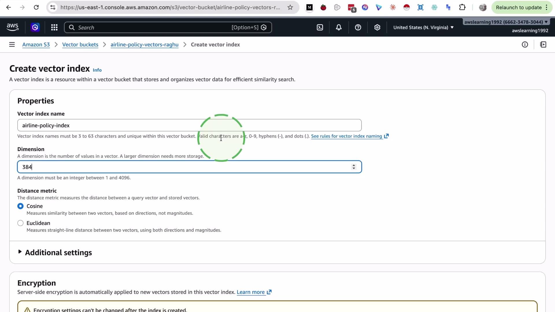 The image shows a web interface for creating a vector index in Amazon S3, with fields for entering the vector index name, dimension, and distance metric.