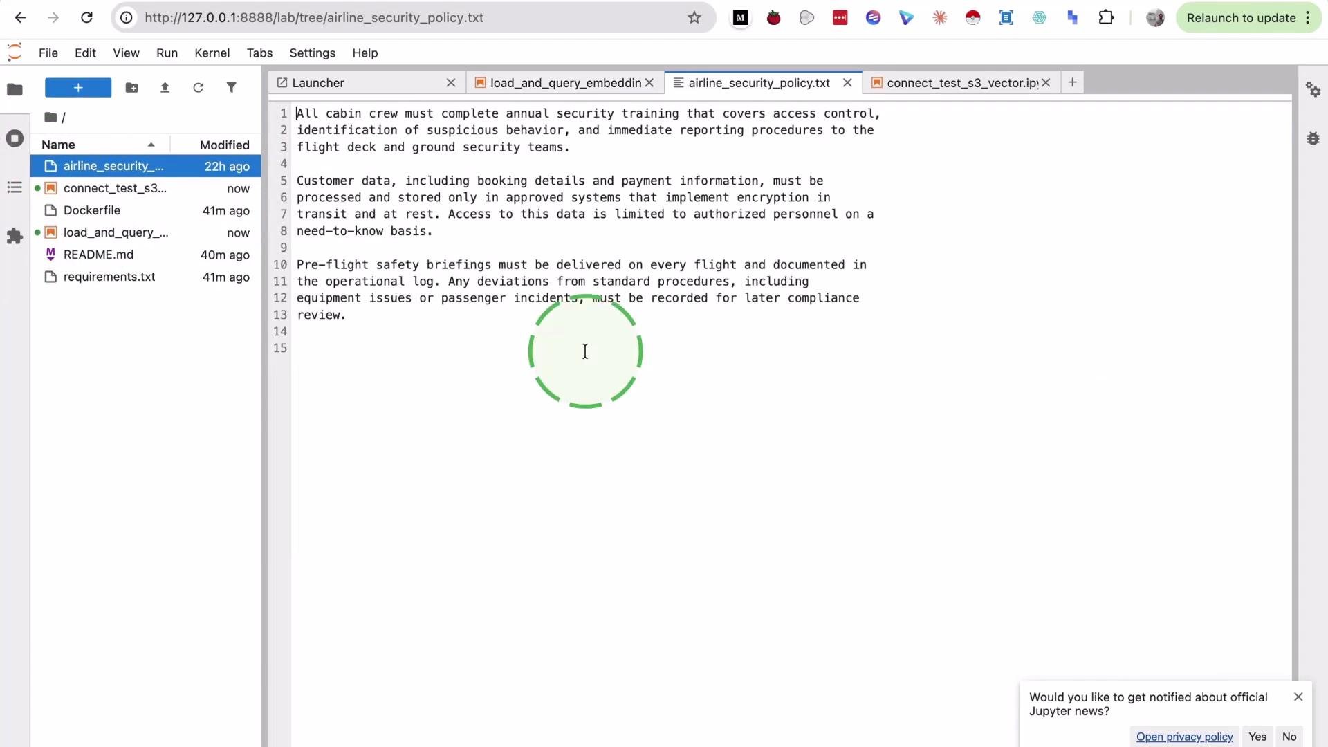 The image shows a Jupyter Notebook environment with a text file open, displaying airline security policy guidelines for cabin crew and customer data management.