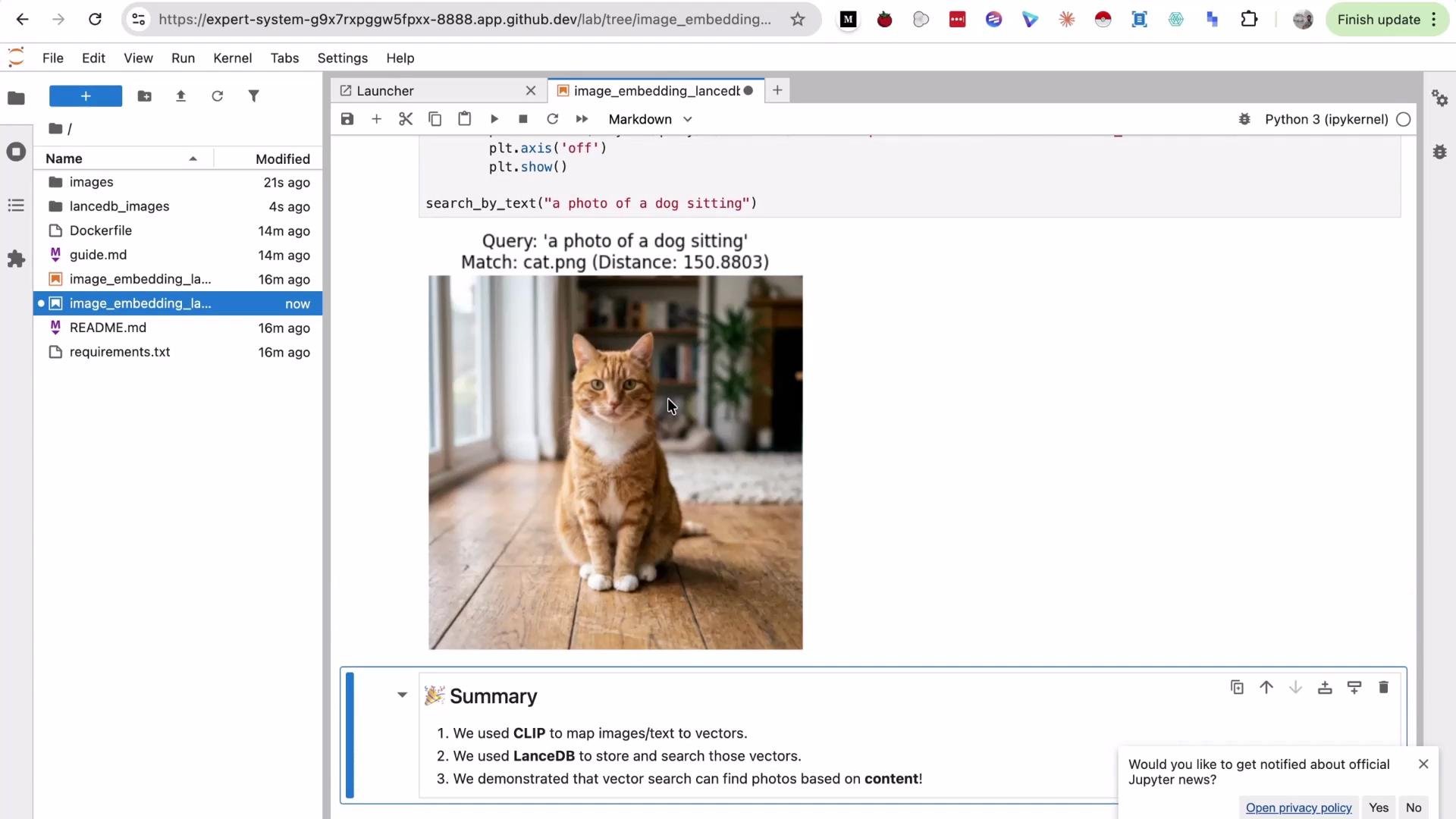 The image shows a computer interface with a query for "a photo of a dog sitting," but a photo of a cat sitting is displayed instead. A summary below explains the use of CLIP and LanceDB for image and text vector mapping and searching.