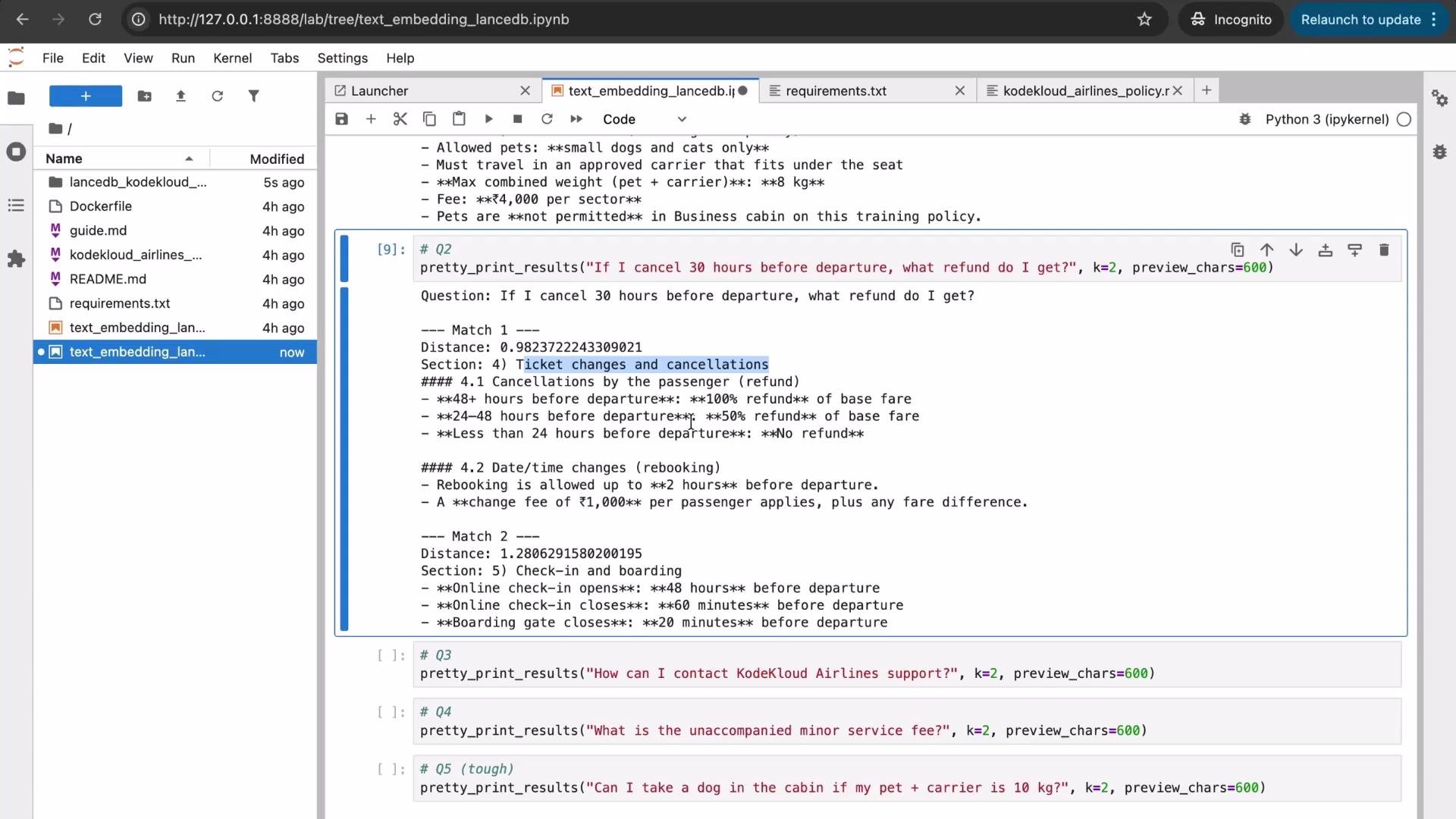 The image shows a Jupyter Notebook interface with a code cell displaying results for a text embedding query related to airline ticket changes and cancellations. The sidebar lists various files in a project directory.