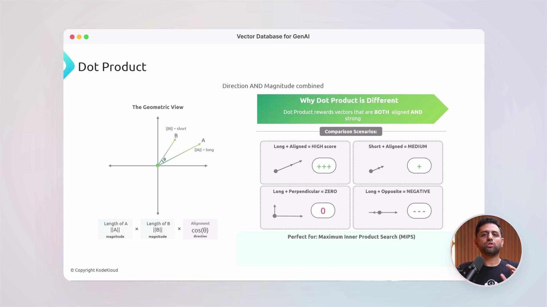 The image explains the concept of the dot product, showing a geometric view of vectors and comparison scenarios indicating how direction and magnitude affect the dot product score.