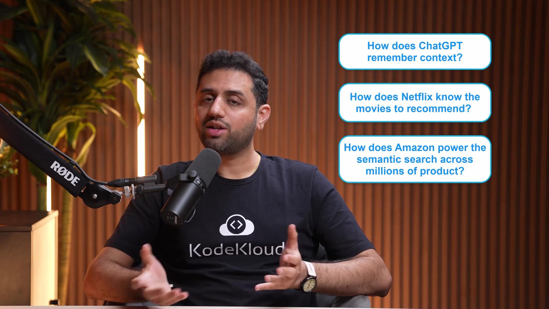 The image shows a person speaking into a microphone with text boxes asking questions about ChatGPT, Netflix, and Amazon's functionalities.