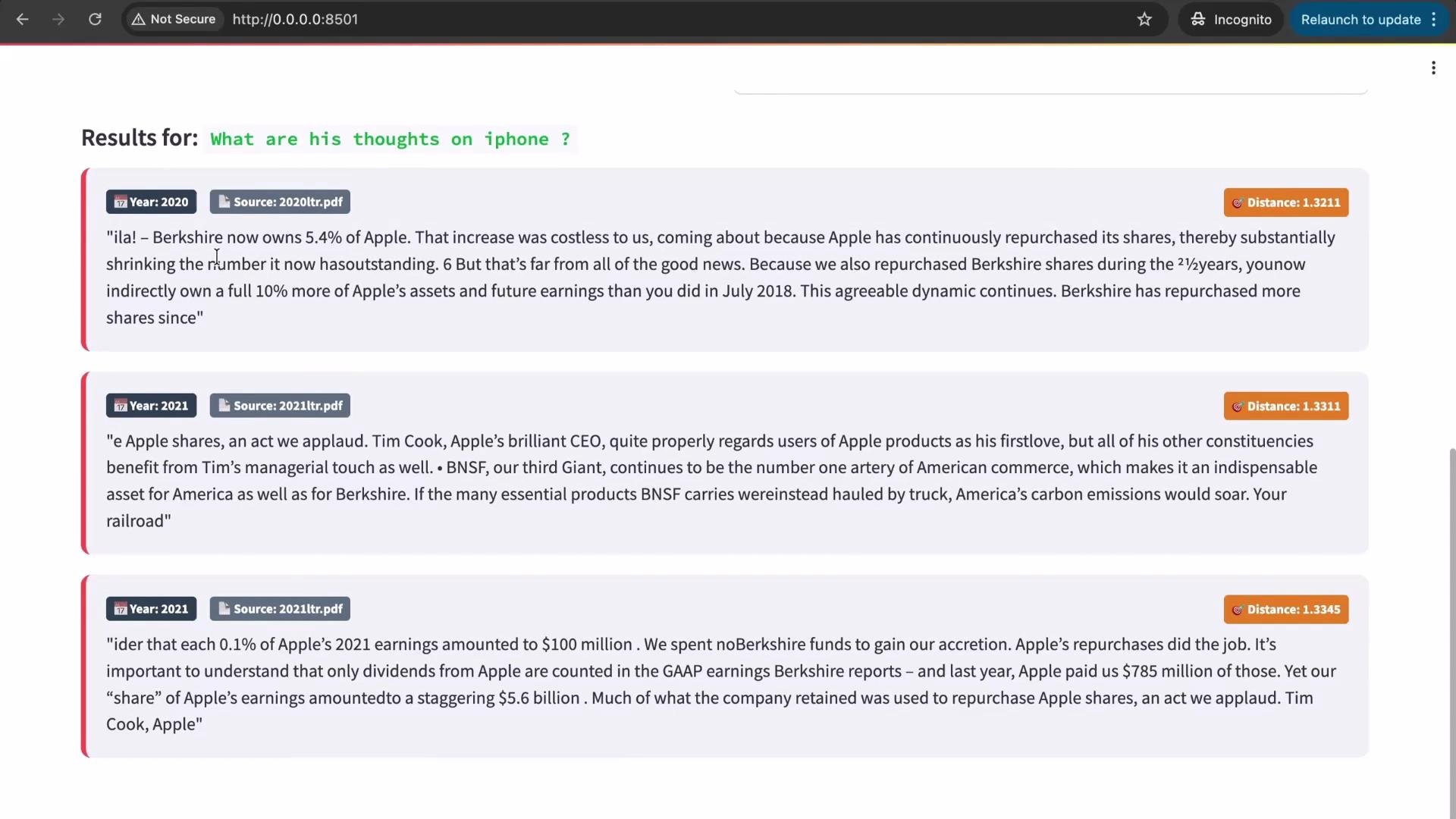 The image shows search results related to Apple's stock, with excerpts from annual reports discussing Berkshire's holdings and repurchasing of Apple shares. The document snippets highlight financial aspects and managerial praise.