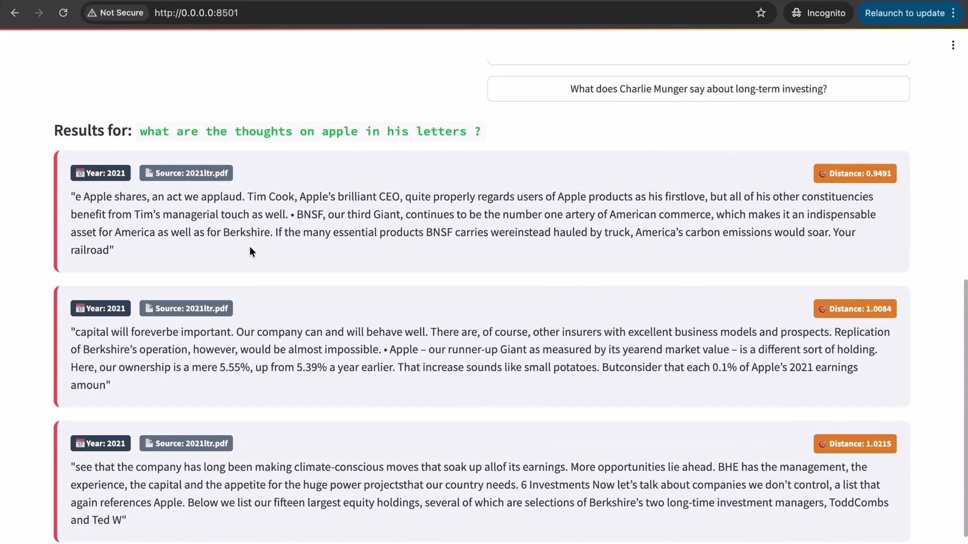 The image shows a webpage displaying search results related to thoughts on Apple in letters, with excerpts from a 2021 PDF document mentioning Apple and Berkshire.