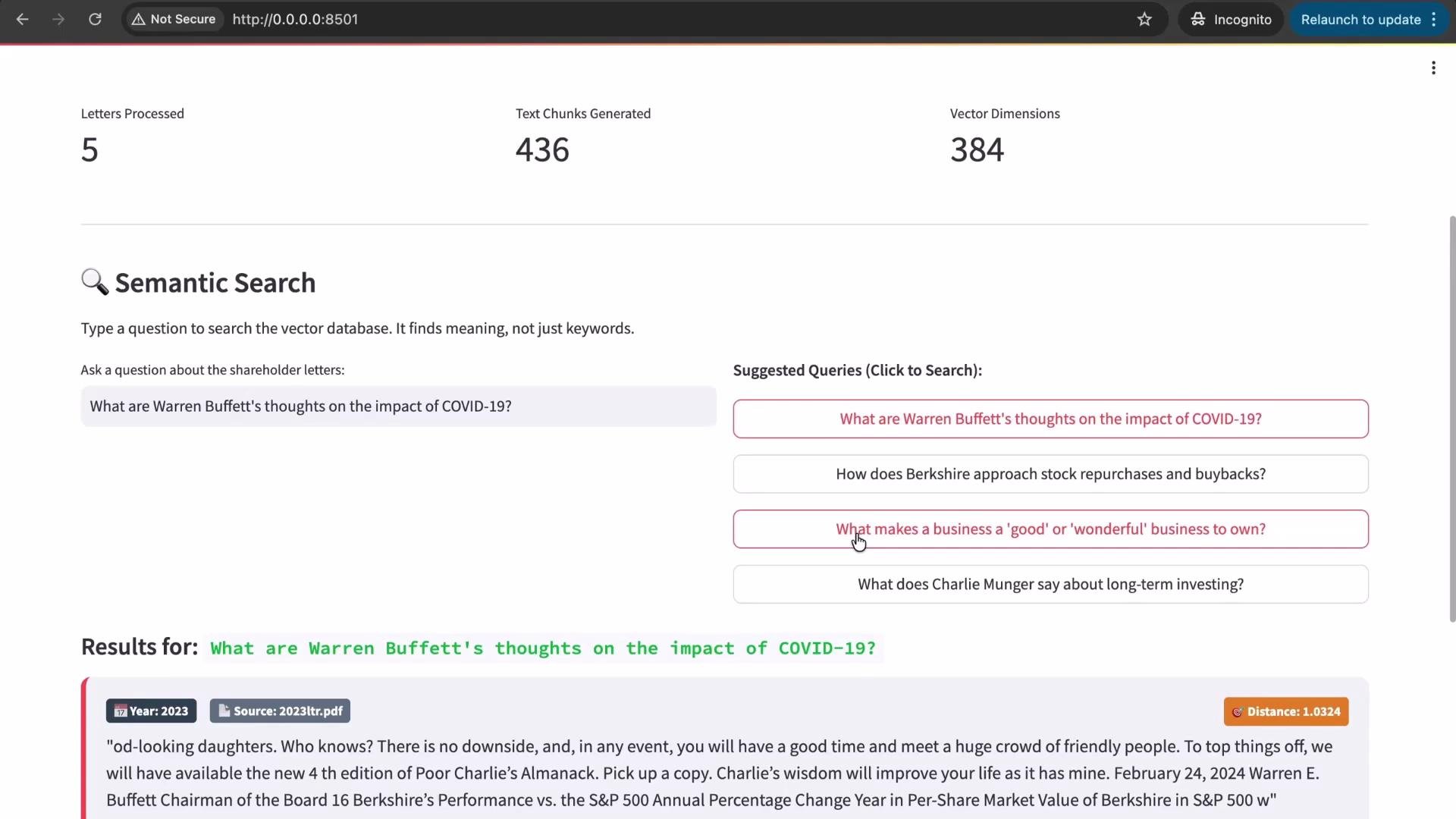 The image shows a semantic search interface displaying a query about Warren Buffett's thoughts on COVID-19 and suggests related questions. It also shows some processed information metrics and a section with search results.