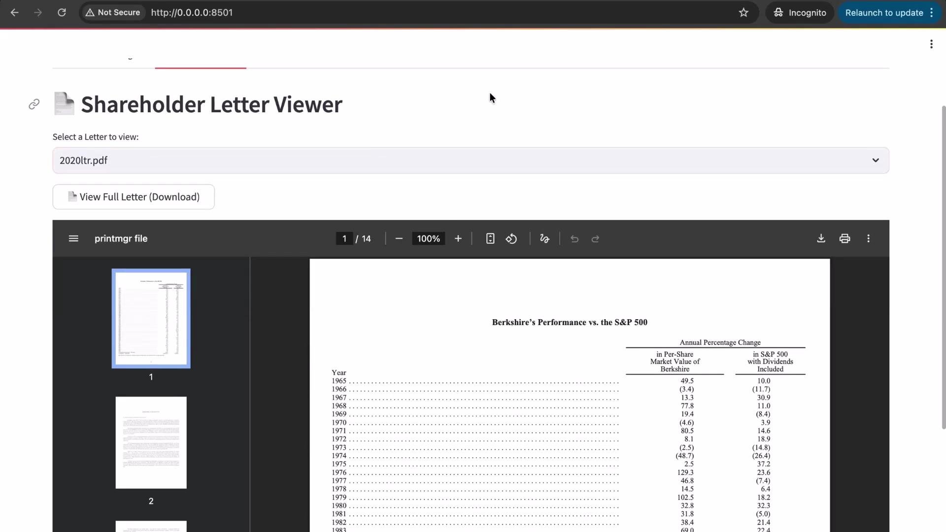 The image shows a webpage titled "Shareholder Letter Viewer," displaying a PDF document titled "2020ltr.pdf." The document contains a table comparing Berkshire's performance to the S&P 500.