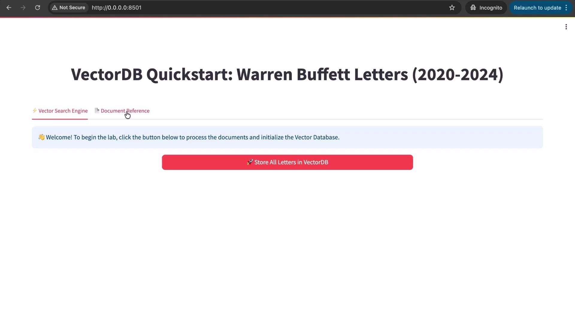 The image displays a web interface titled "VectorDB Quickstart: Warren Buffett Letters (2020-2024)" with a button labeled "Store All Letters in VectorDB."