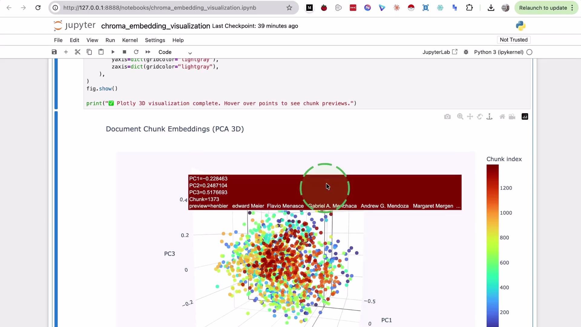 The image shows a Jupyter Notebook interface displaying a 3D plot of document chunk embeddings using PCA, with color-coded points representing chunk indices.